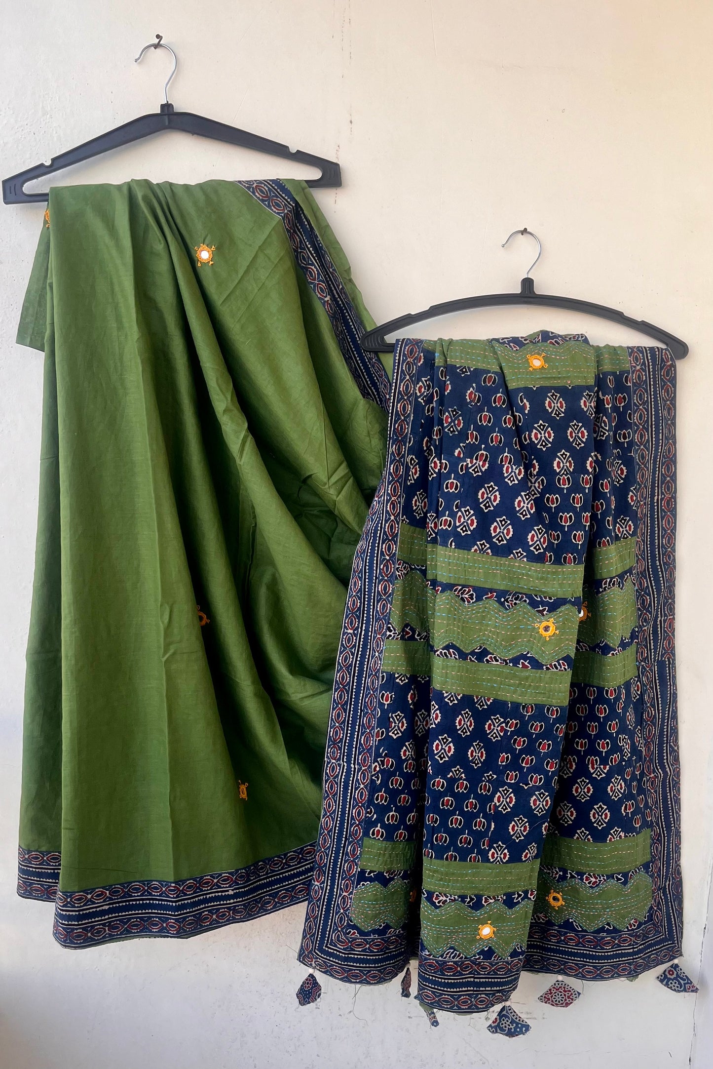 Yellow and Blue Ajrakh Patchwork Cotton Saree with Embroidery and Mirror Work