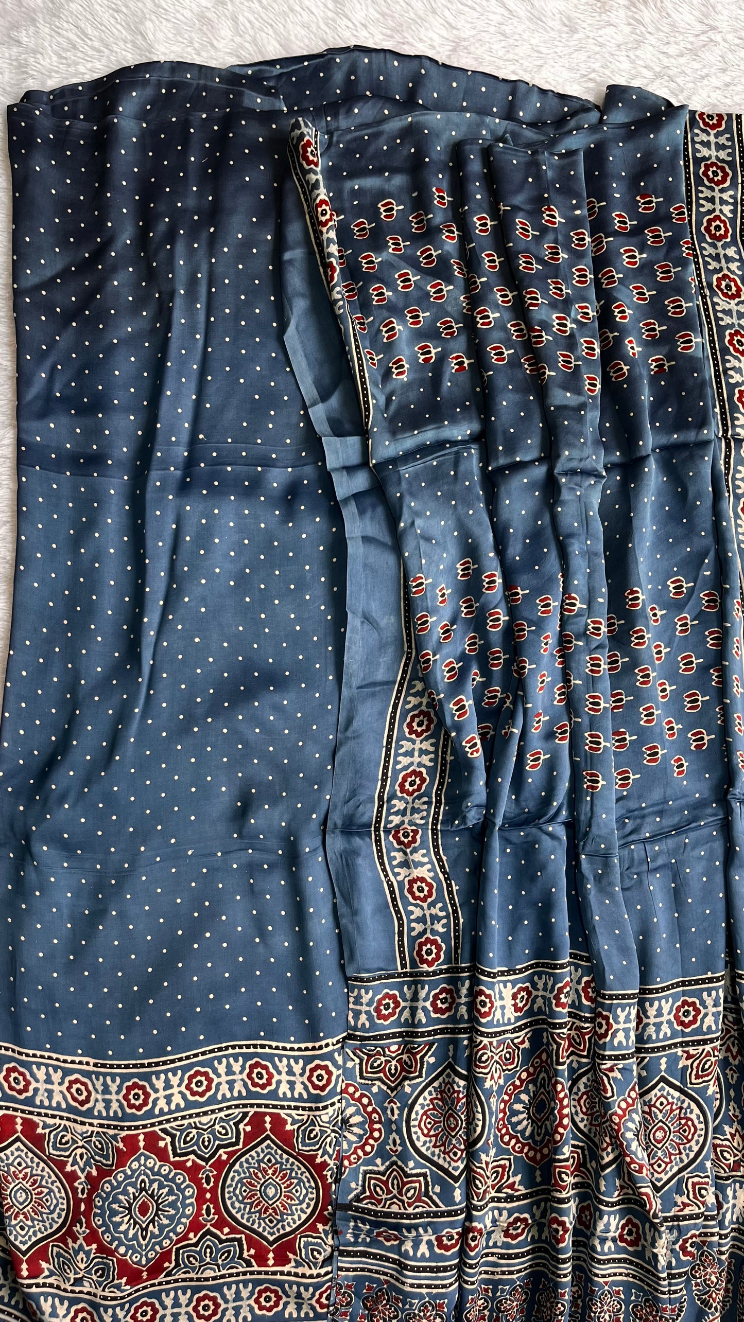 Blue Polka and Kamal Buti Ajrakh Motif Hand Block Print 2 pc Modal Silk Suit Material