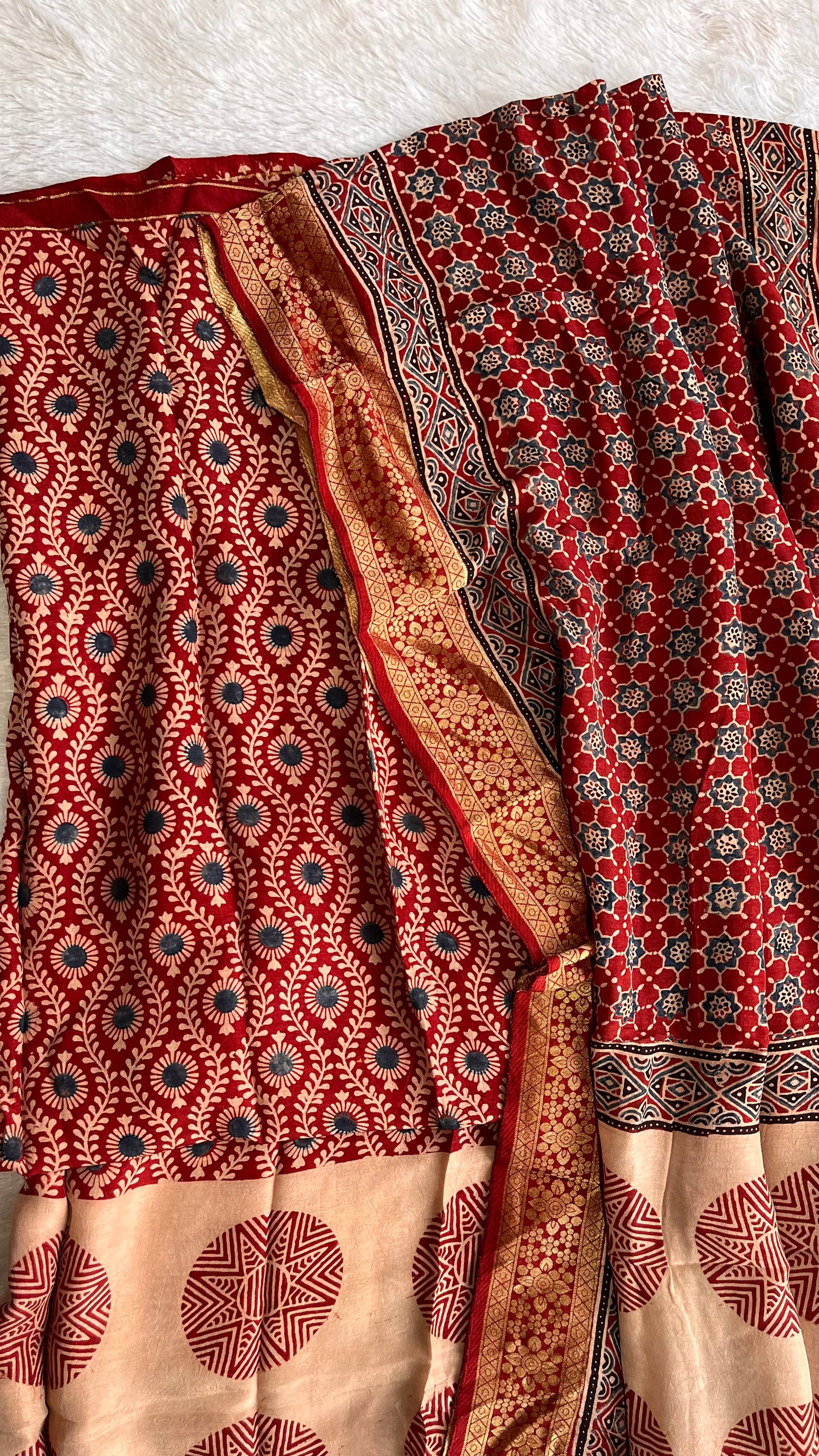 Deep Red Small Buti Print Ajrakh Dola Silk Hand Block Print 2 pc Suit Material Set with Nakkashi Border