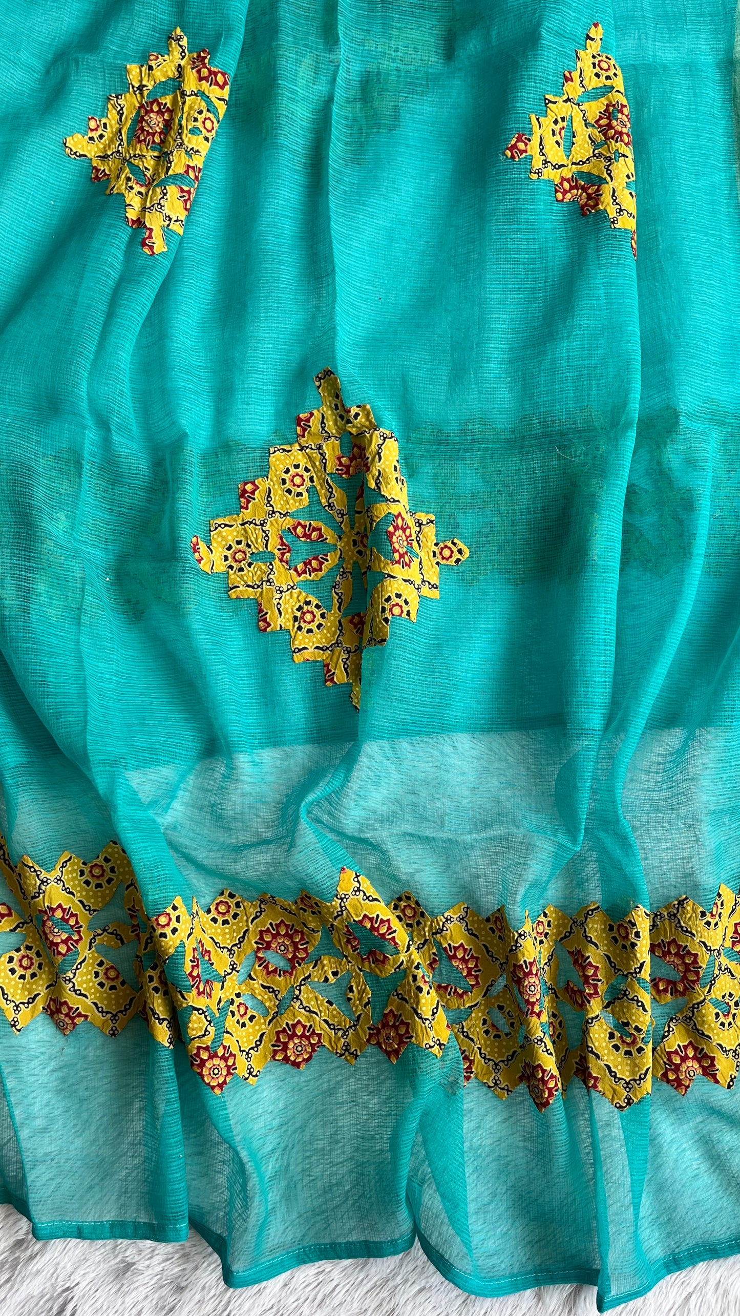 Sky Blue Kota Doria Dupatta with Mustard Ajrakh Applique Patchwork