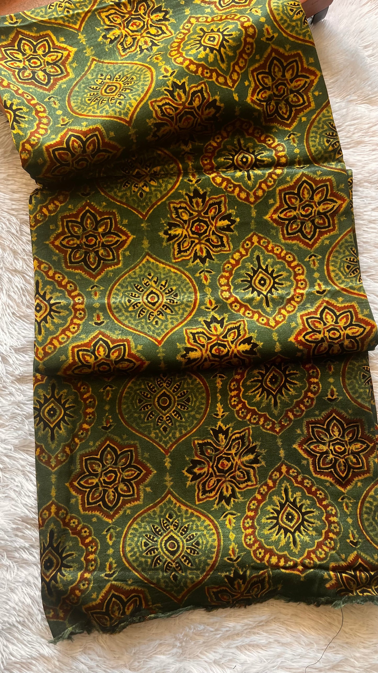 Cut Piece Green Badaam Buta Motif Ajrakh Mashru Silk fabric