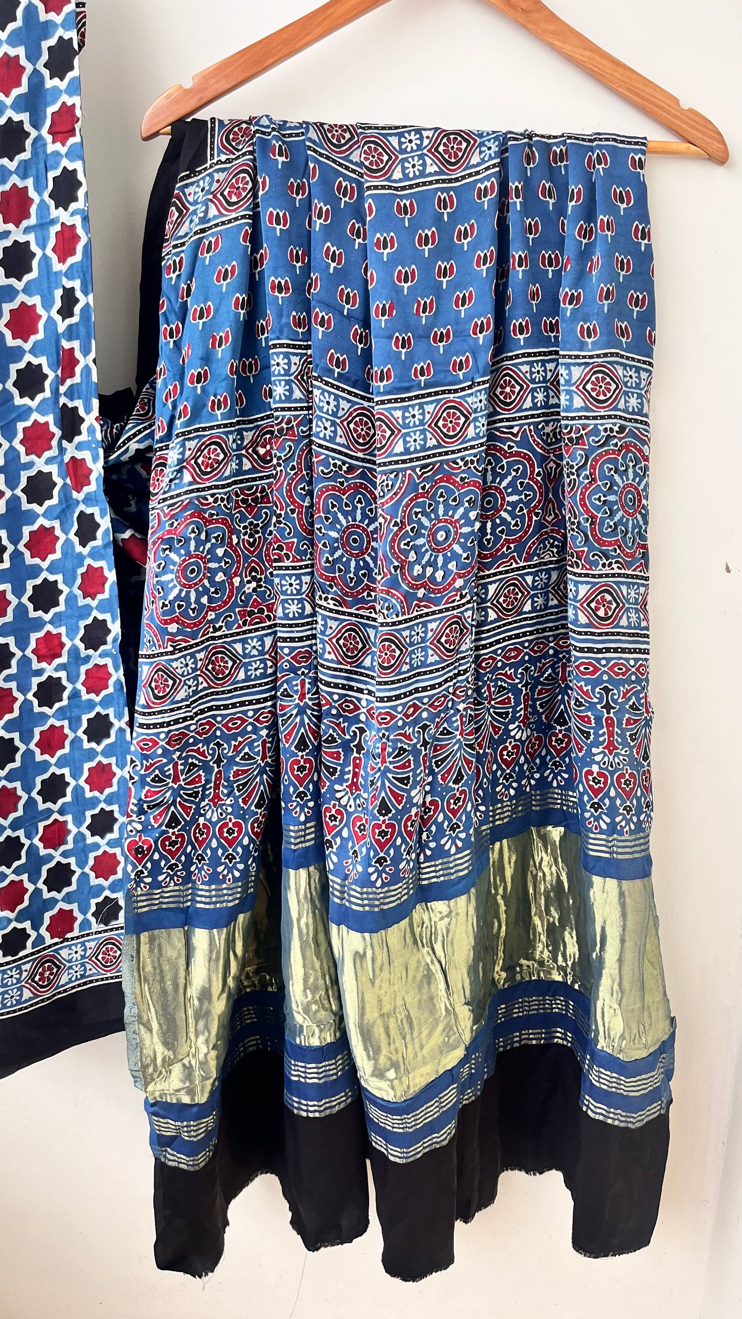 Blue Small Grid Motif Ajrakh Hand Block Natural Dye Modal Silk Lagdi Patti Saree With Blouse