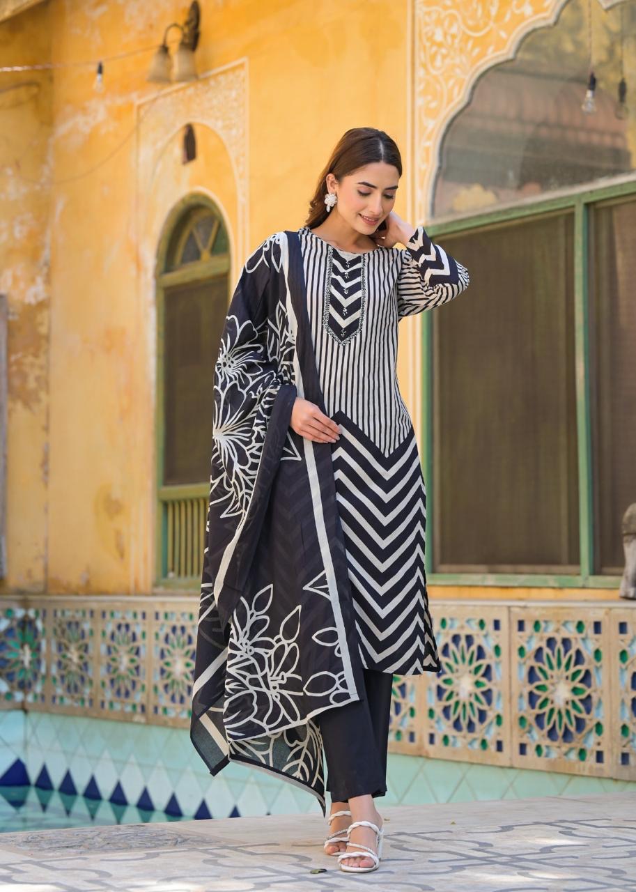 Black Geometric Print Pure Cotton Suit Set with Cotton Dupatta