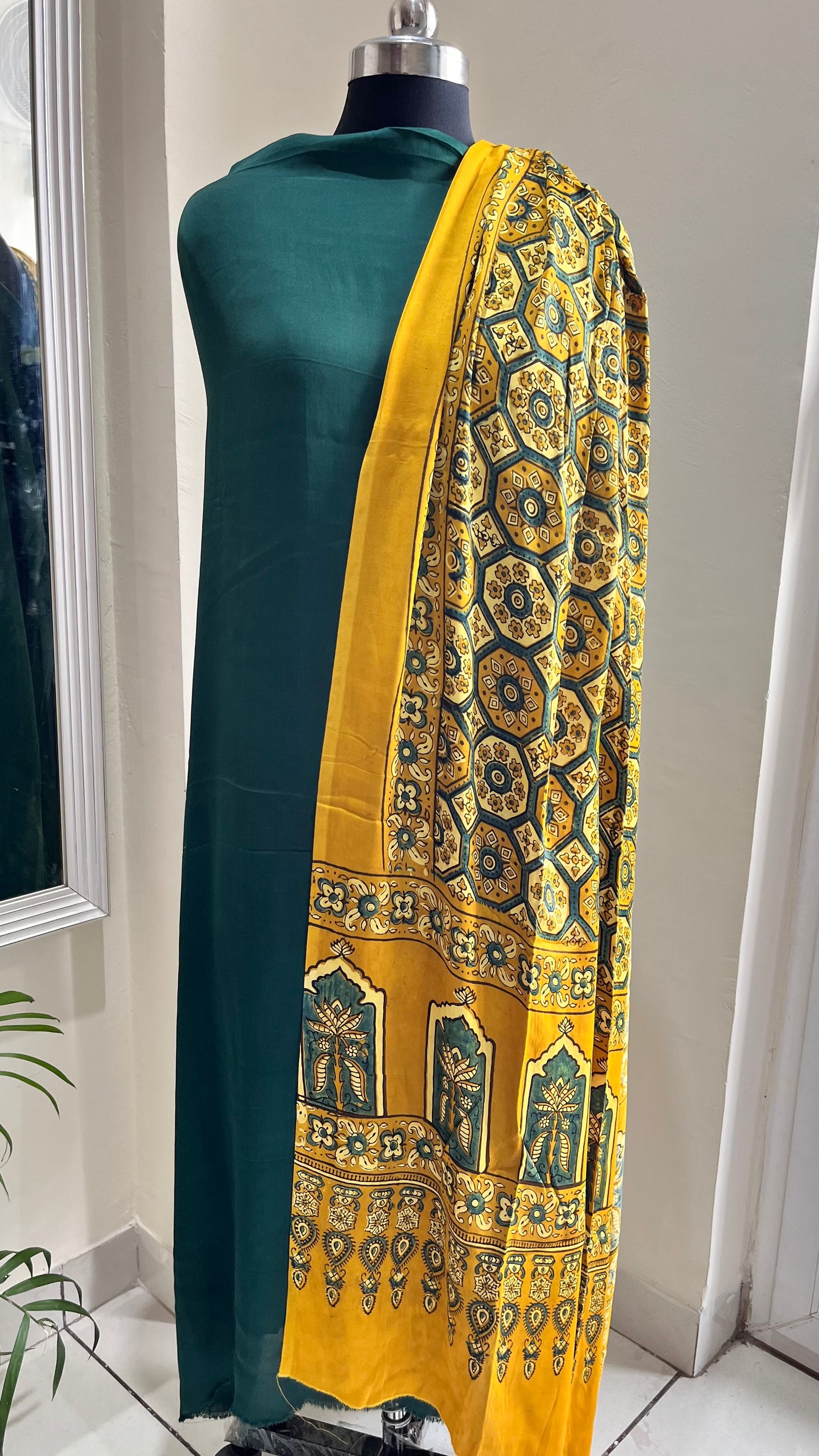 Bottle Green Solid Print Modal Silk 2pc Suit Material with Pure Modal Silk Dupatta