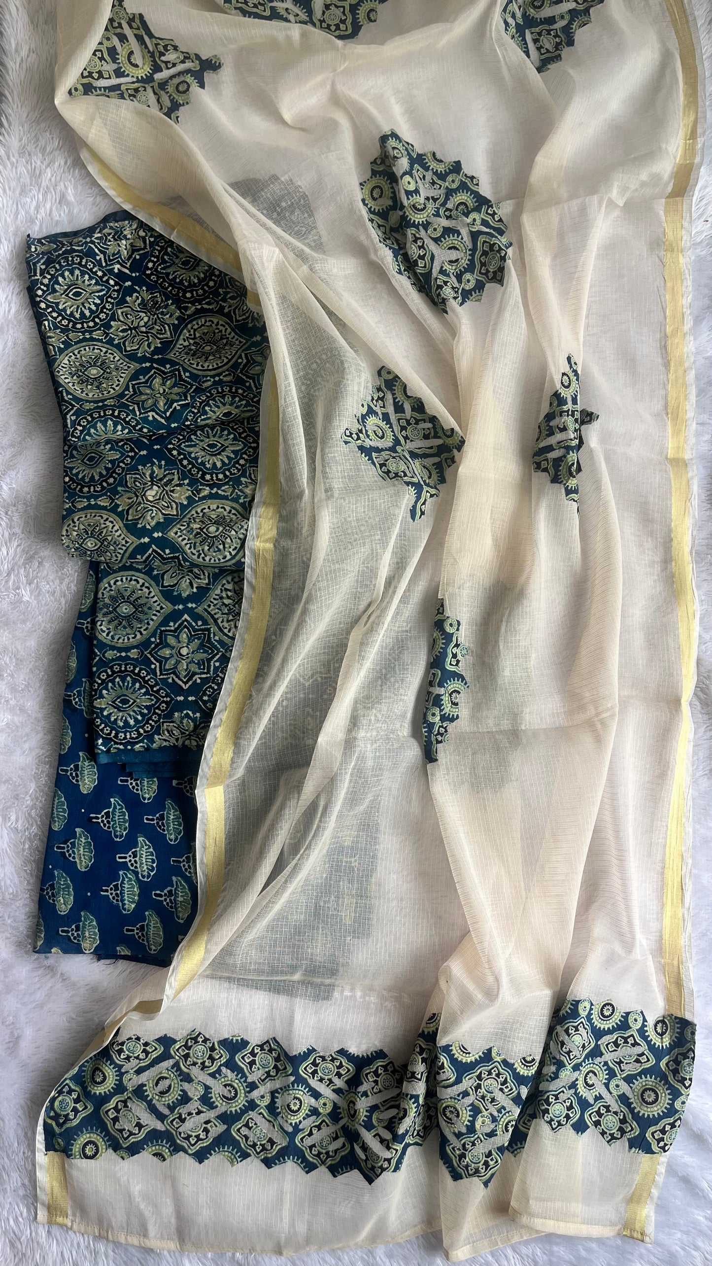 PIndigo Badaam Buti Pure Cotton Ajrakh Unstitched Suit Set with Ajrakh Applique Kota Dupatta a