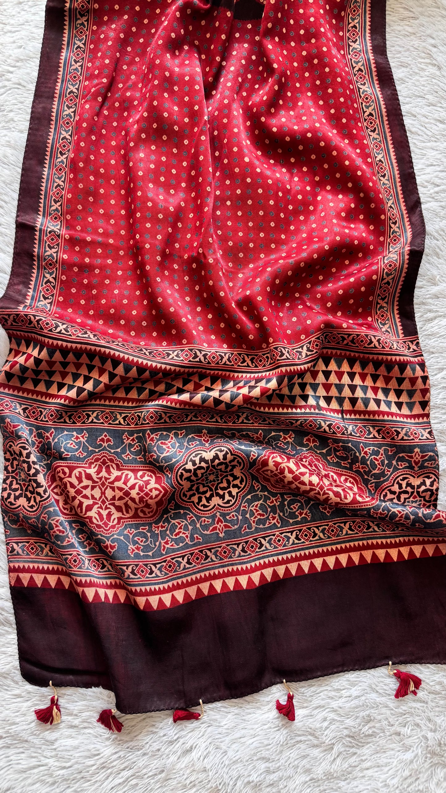 Red Bandhej Design Ajrakh Hand Block Print Mashru Silk Stole with Tassels