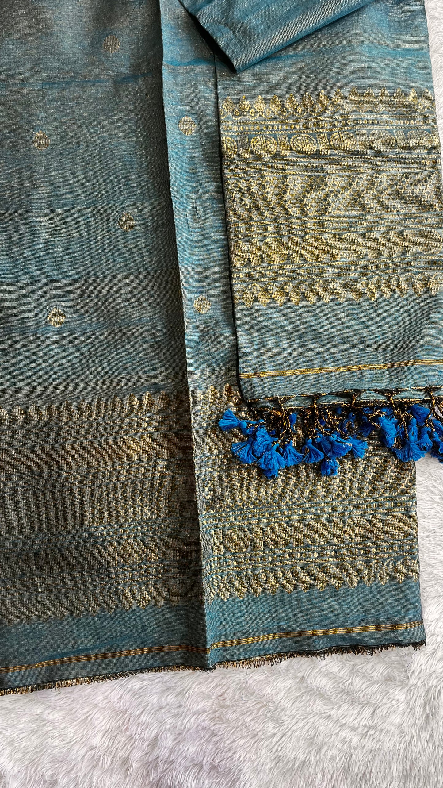 Teal Blue Unstitched Pure Linen with Tissue Woven daman 2 pc Suit Set