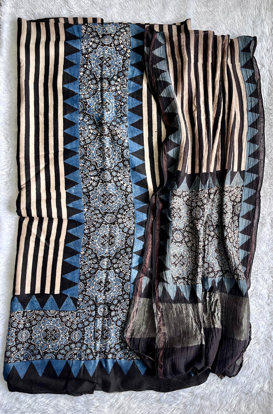 Indigo Dhaaridar Chanderi Silk 2pc Suit Set with Mirror-work and Kantha Work Dupatta