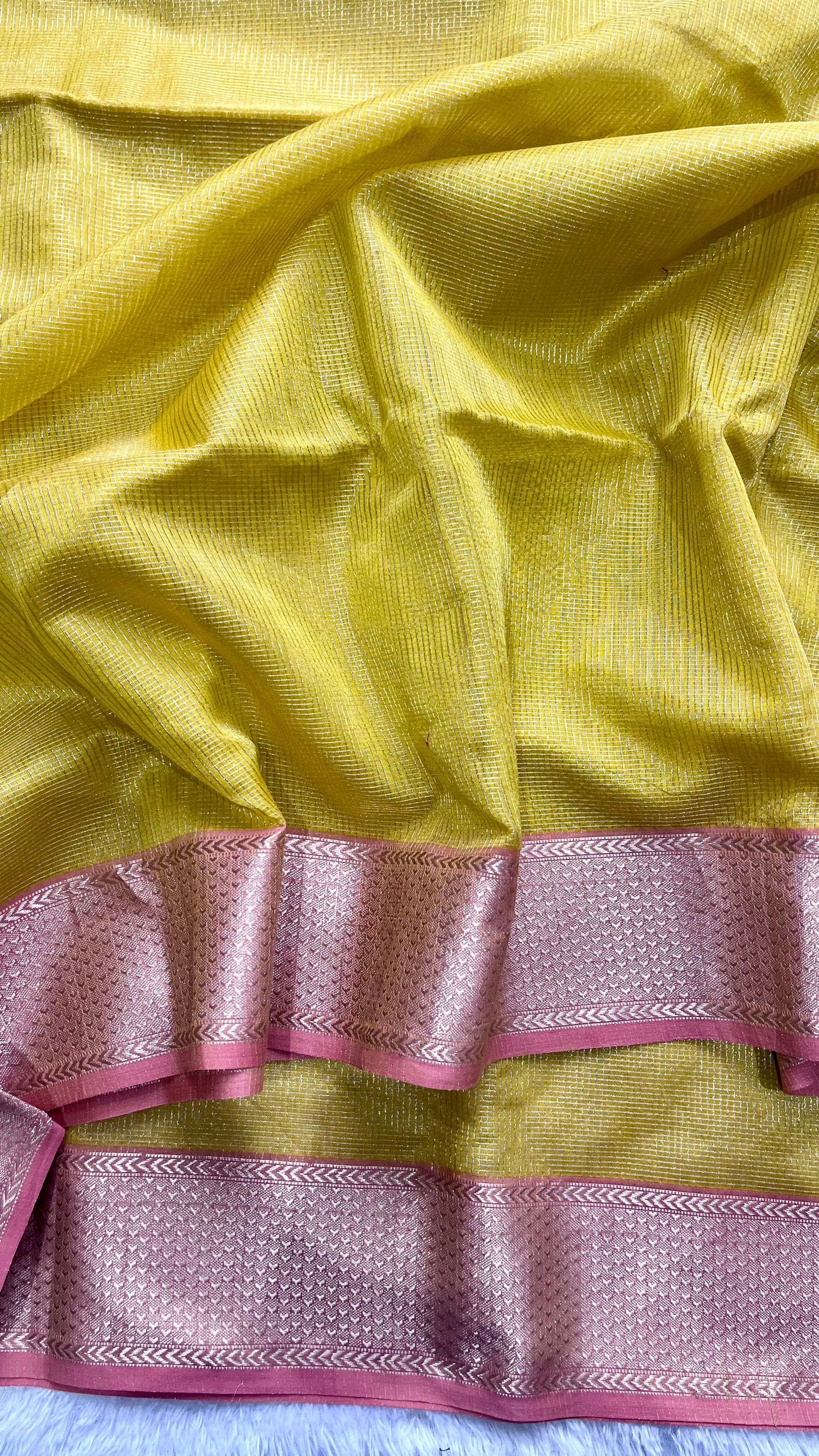 Sunshine Yellow with Pink Zari Border Handwoven Maheshwari Tissue Silk Saree