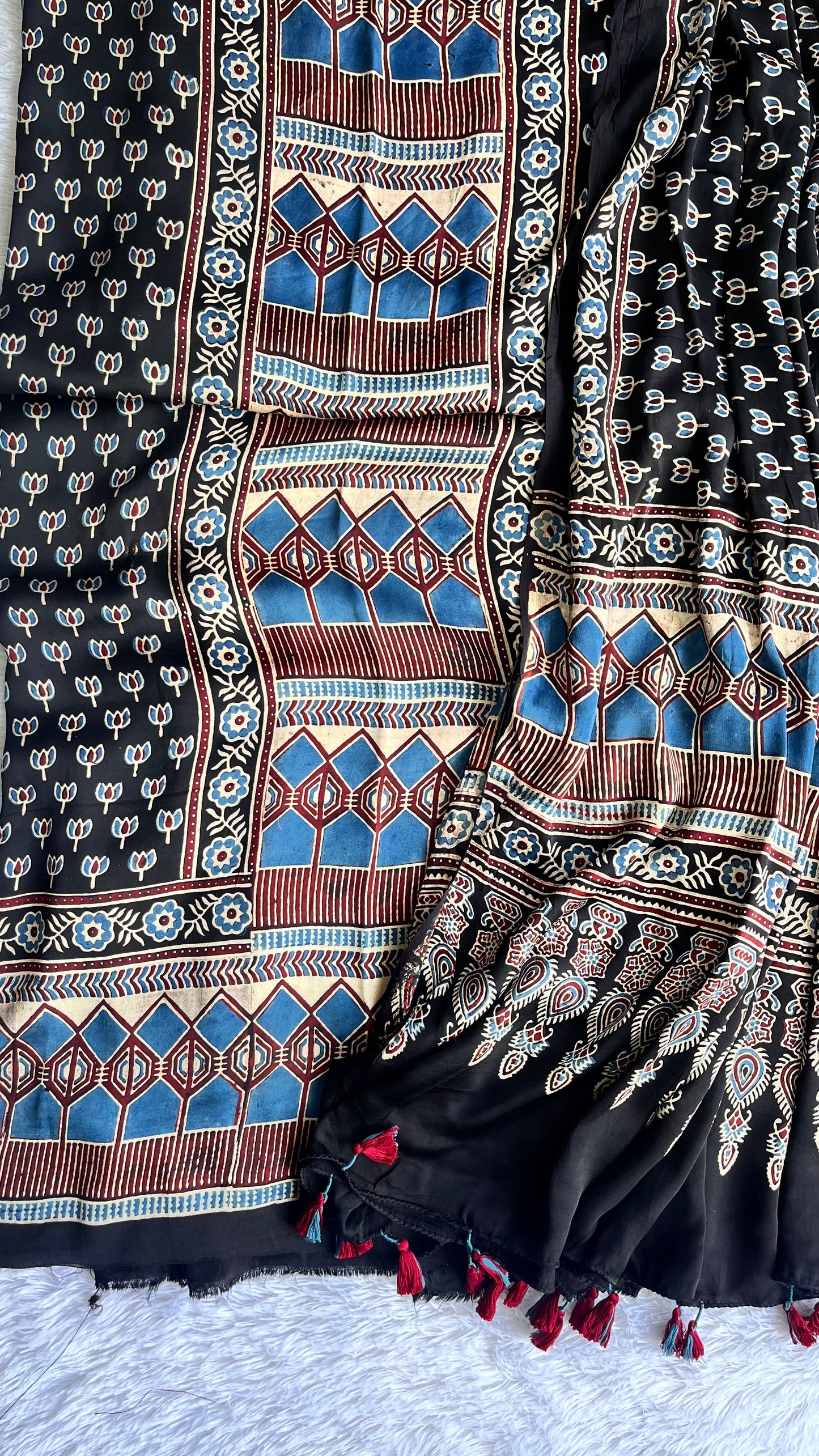 Black Grid and Kamal Buti Motif Ajrakh Hand Block Modal Silk 2 pc Suit Material Set