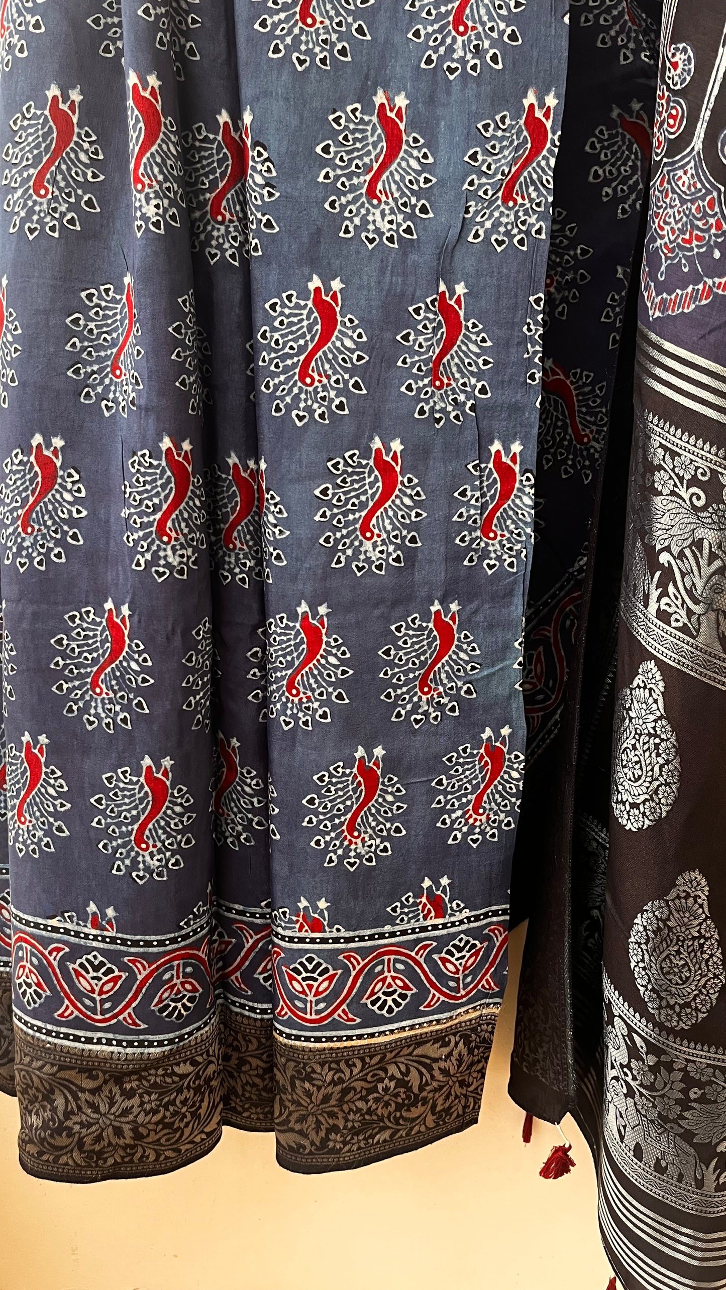 Indigo Mor Buta Motif Ajrakh Hand Block Dola Silk Saree with Zari Pallu (With Blouse)
