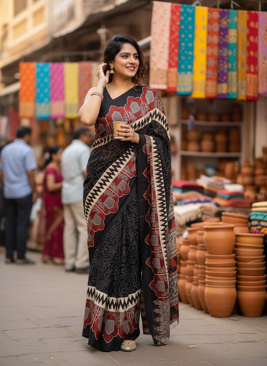Black Rie Bandhej Jharokha Motif Ajrakh Hand Block Modal Silk Saree With Blouse