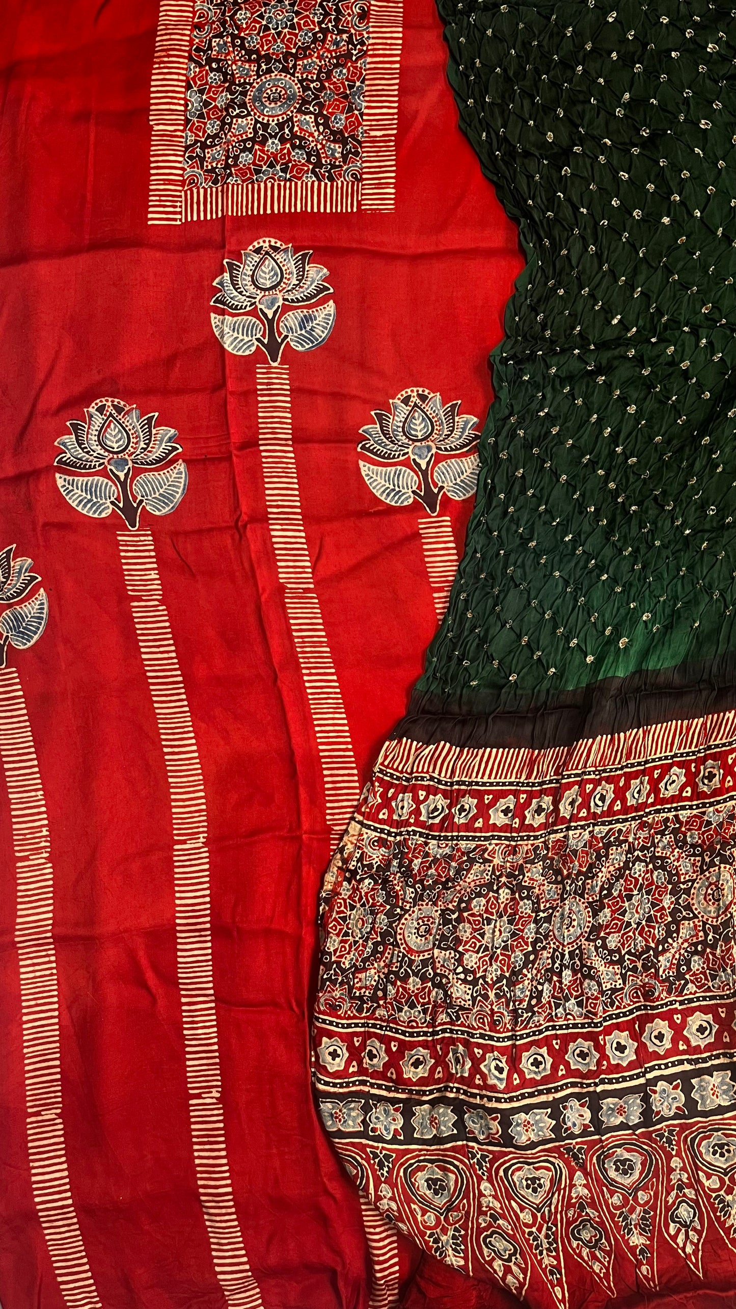 Ravishing Red Kamal Print Modal Silk Hand Block Print 2pc Suit Material with Green Bandhej Dupatta