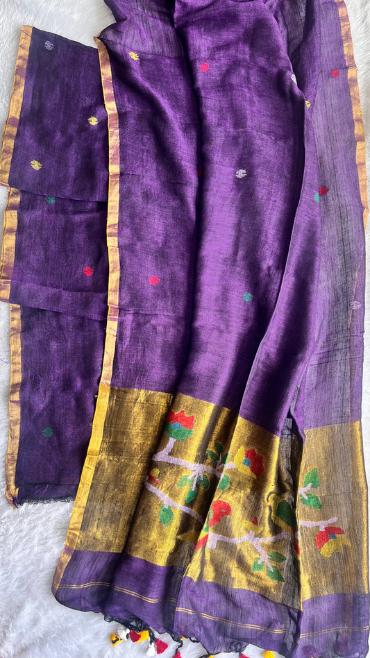 Purple Paithani Unstitched Pure Linen on Linen Hand Woven Daman 2 pc Suit Set