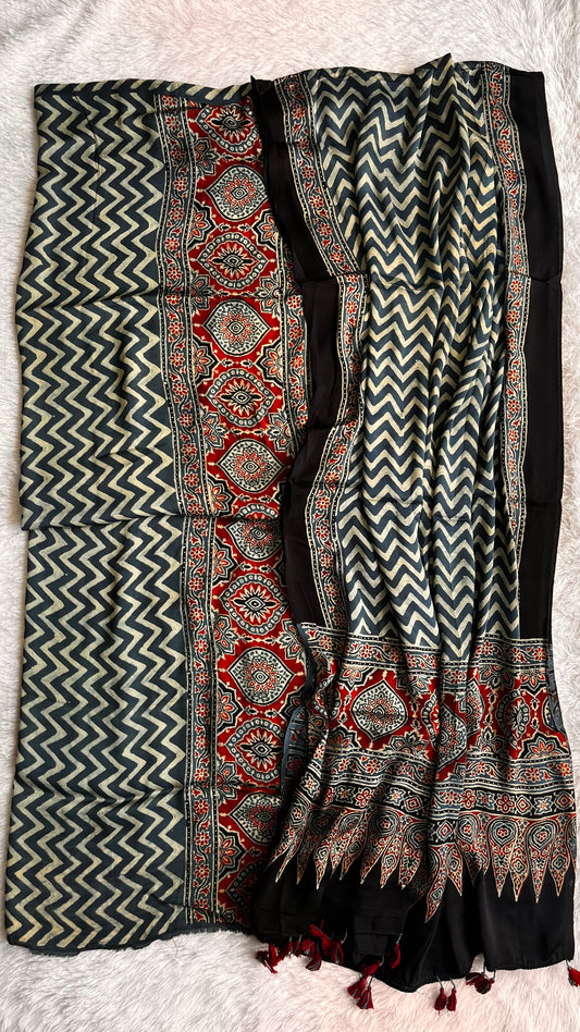 Blue Zigzag and Badaam Buta Motif Modal Silk Ajrakh Hand Block Suit Set