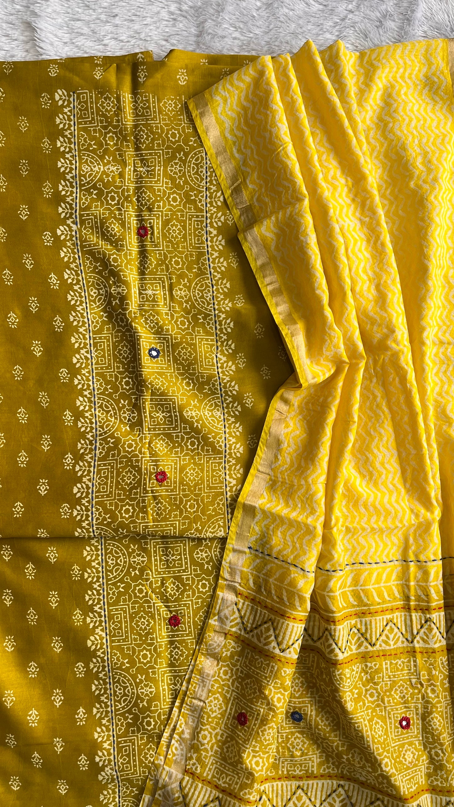 Lemon Green Chanderi Silk 2pc Suit Set with Mirror-work and Kantha Work Dupatta