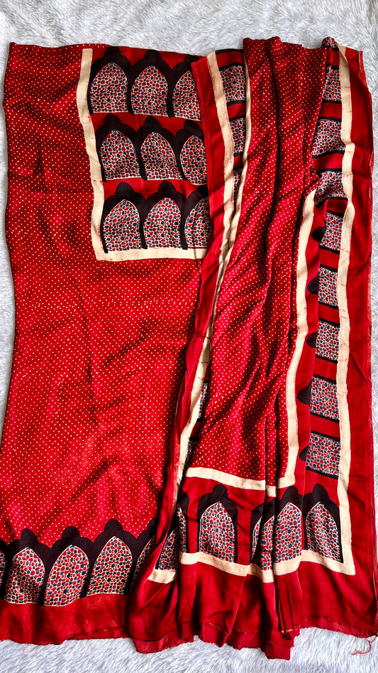 Ravishing Red Jharokha Motif Modal Silk Ajrakh Hand Block Print 2pc Suit Material Set