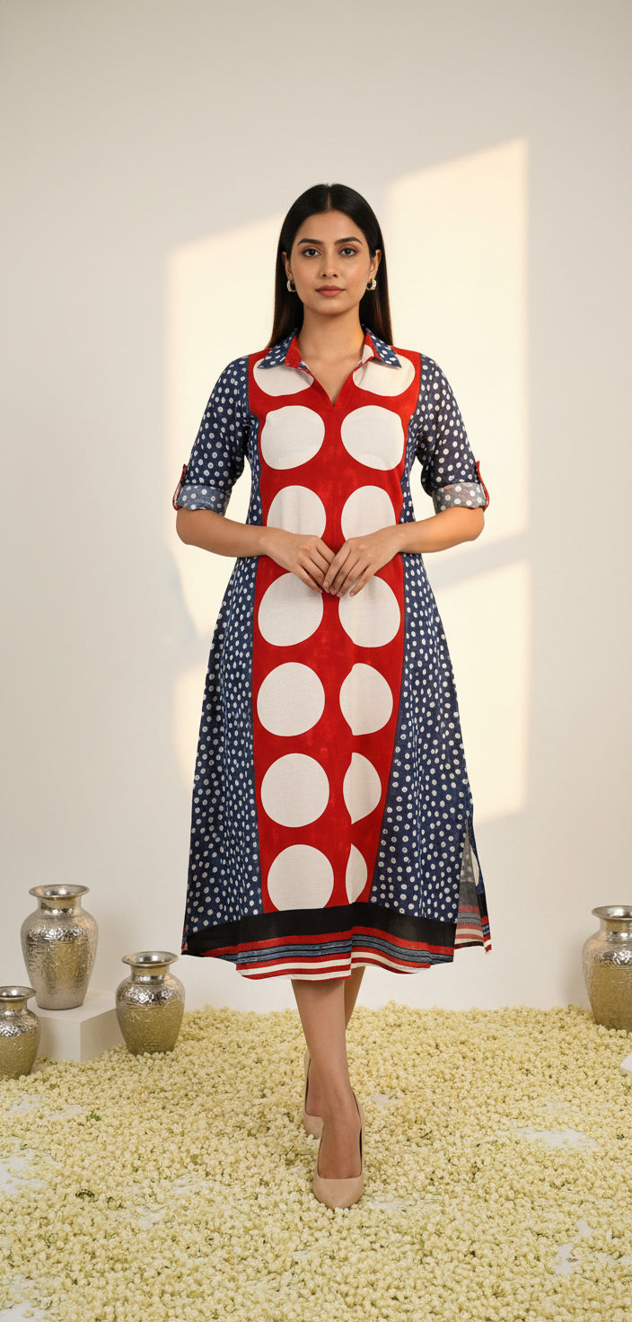 Red and Blue Circle Buta Motif Modal Silk Ajrakh Hand Block Print Designer Unstitched Fabric (Kurta Only)