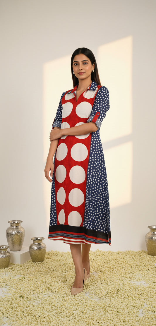 Red and Blue Circle Buta Motif Modal Silk Ajrakh Hand Block Print Designer Unstitched Fabric (Kurta Only)