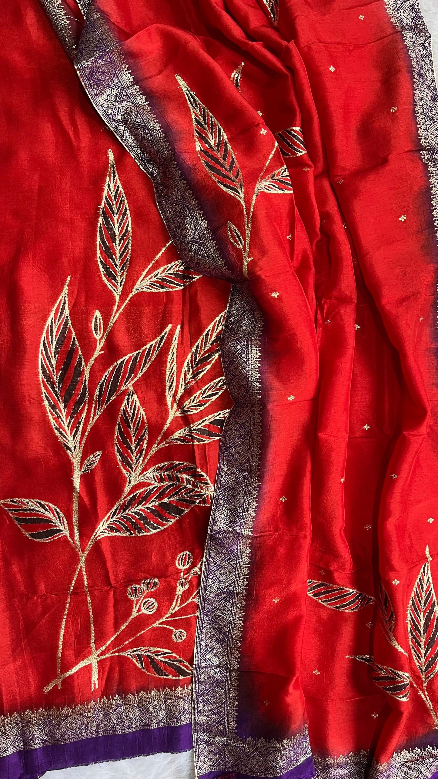Ruby Red Dola Silk Hand Brush Print 2pc Suit Material Set with Zari Pallu and Full Finish with Tassels