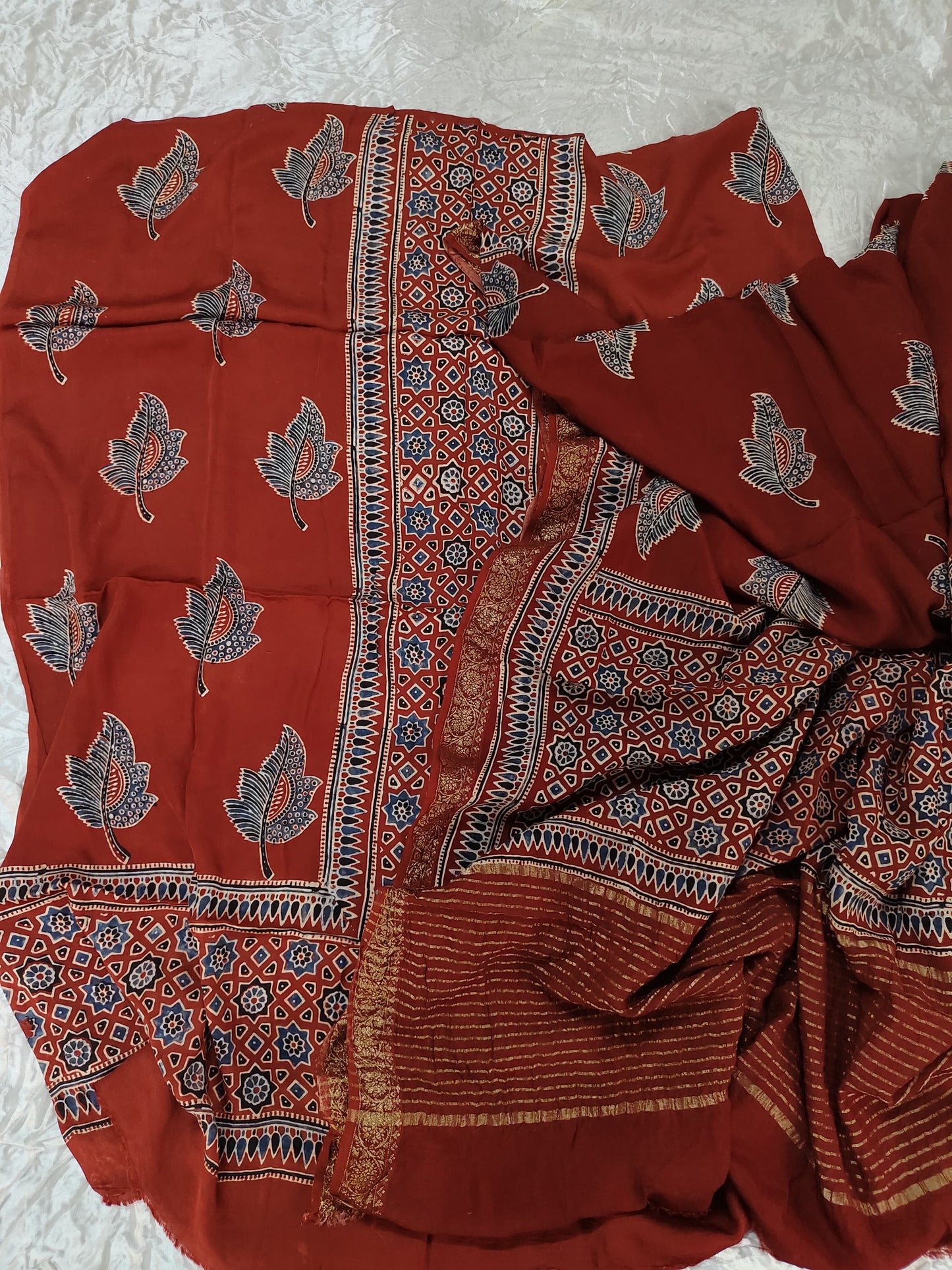Maddar Red Maple Motif Modal Silk Ajrakh Natural Dyed Hand Block Print 2pc Suit Material Set with Dola Silk Dupatta