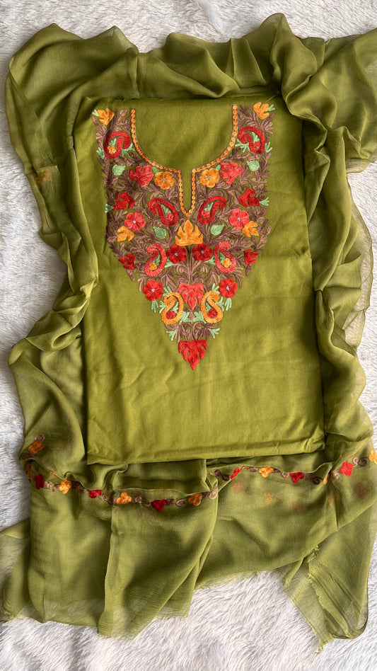 Mehendi Green Chinar Work Muslin Cotton Kashmiri Aari Embroidered 3pc Suit Set