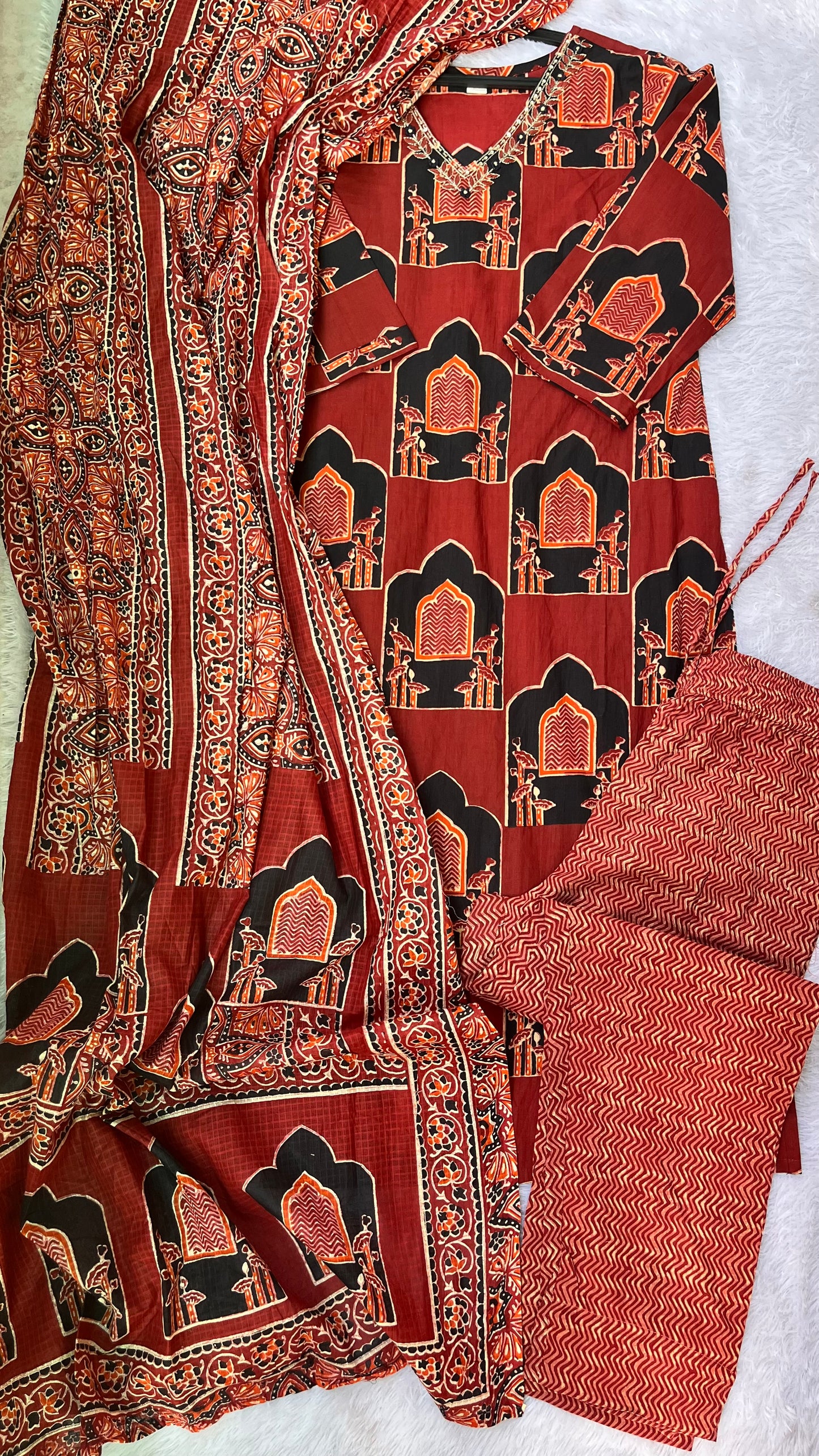 Rust Red Jharokha Print Pure Cotton Suit Set with Cotton Dupatta