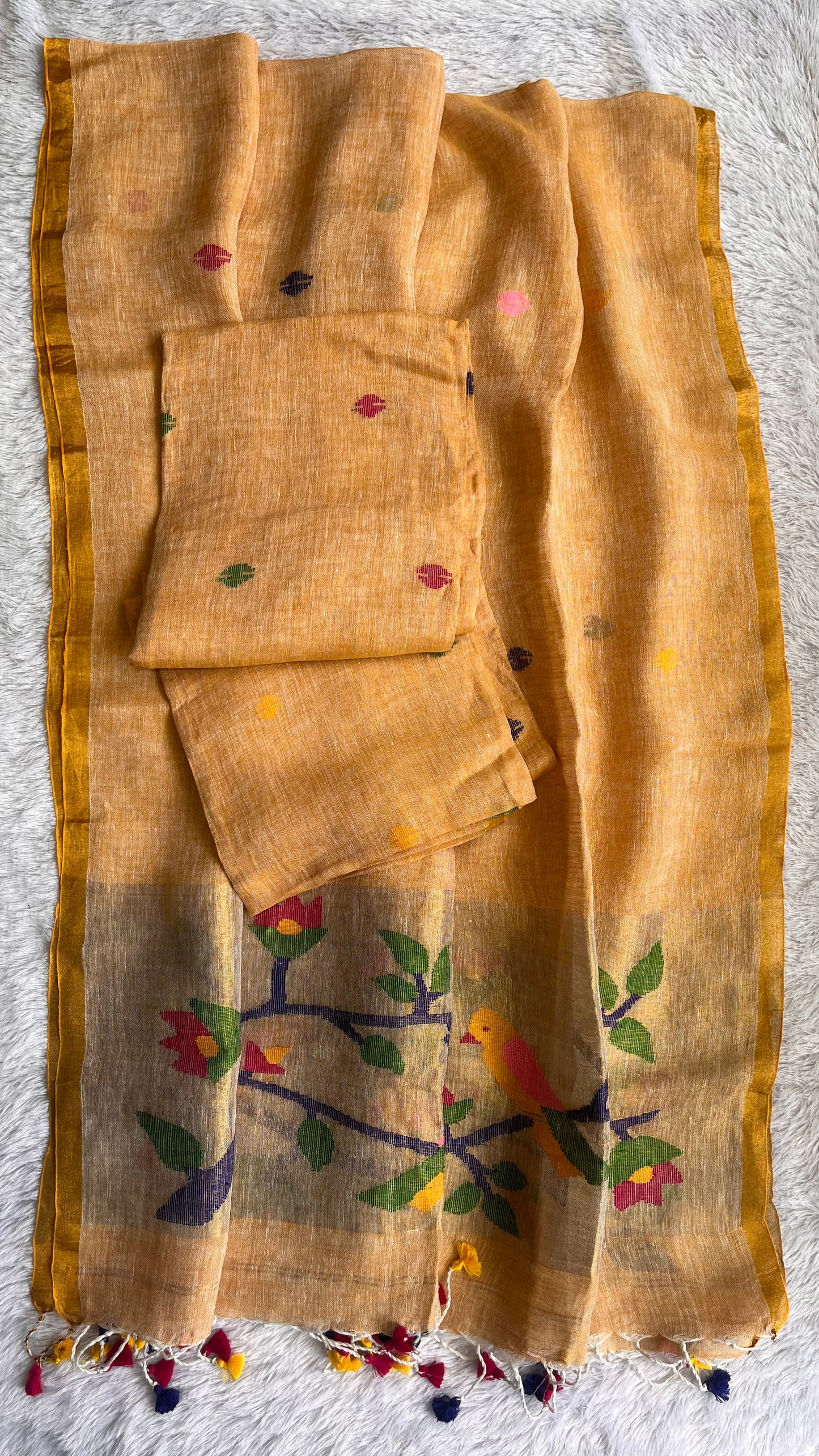 Peachfuzz Paithani Unstitched Pure Linen on Linen Hand Woven Daman 2 pc Suit Set