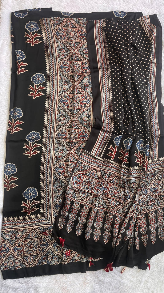 Black Phool Buta Print Modal Silk Ajrakh Natural Dyed Hand Block Print 2pc Suit Material Set
