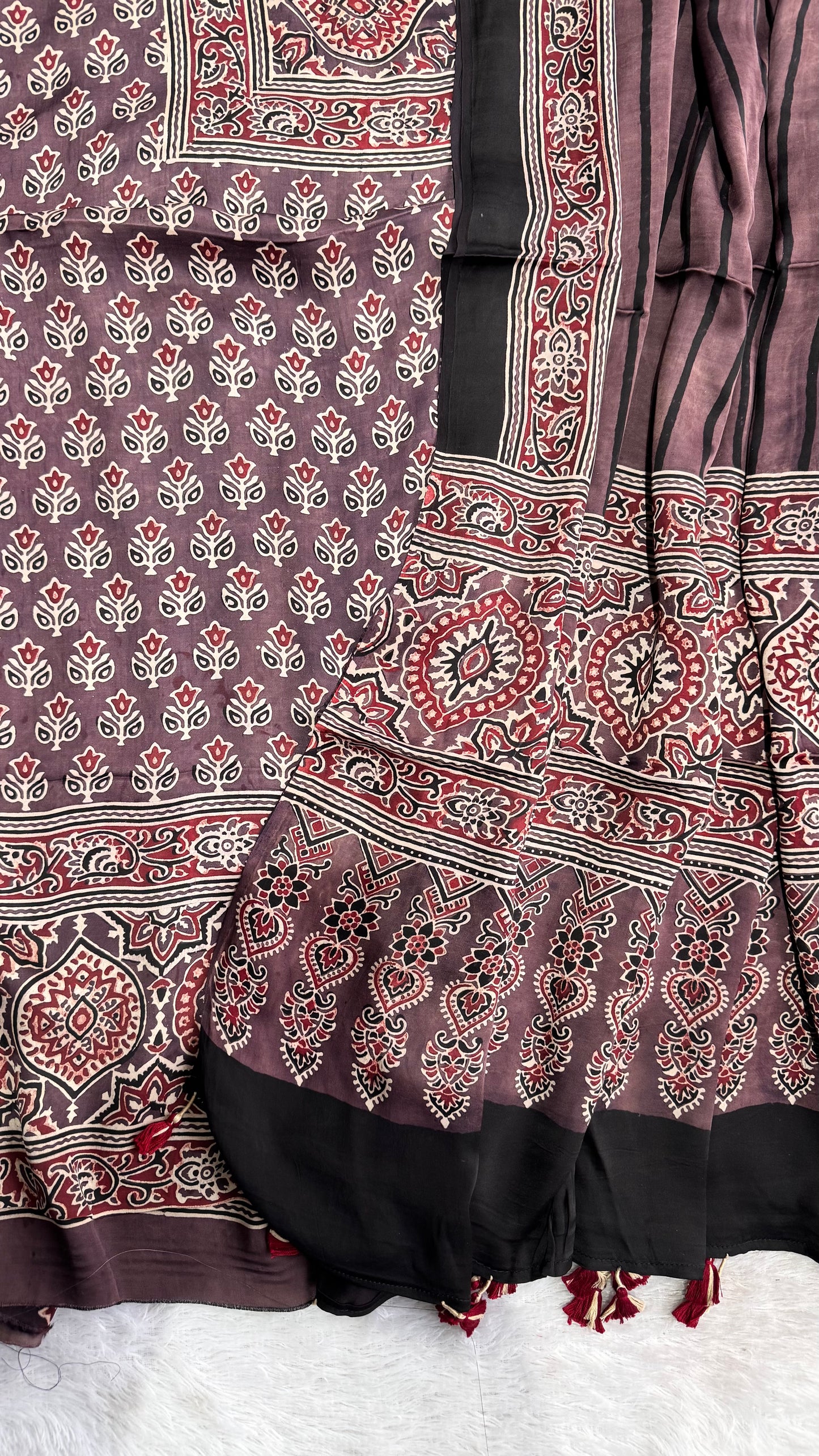 Rasin Shade Small Buta Motif Modal Silk Ajrakh Hand Block 2 pc Suit Set with Tassels Finishing