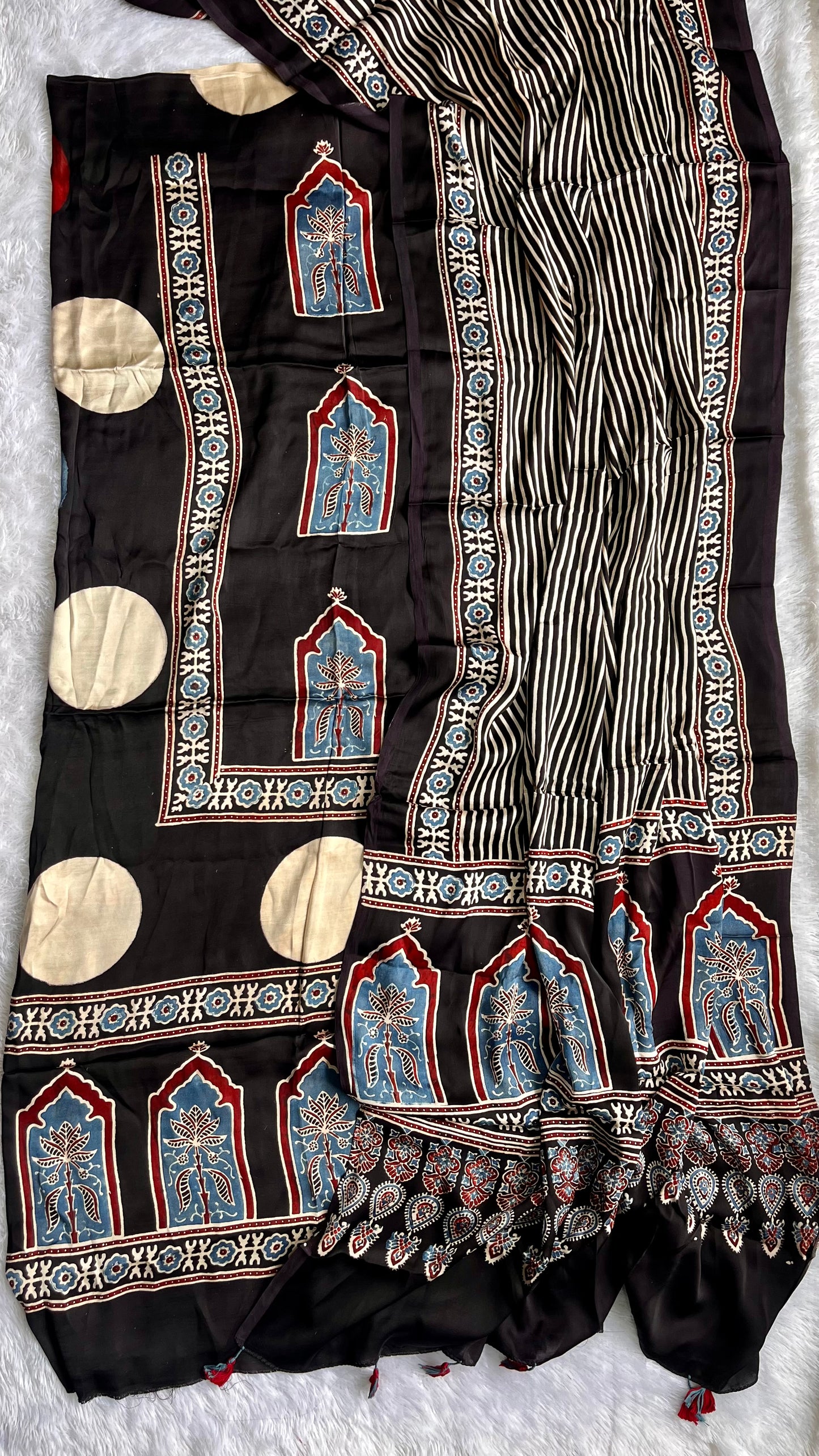 Black Jharokha and Circle Buta Print Modal Silk Ajrakh Natural Dyed Hand Block Print 2pc Suit Material Set
