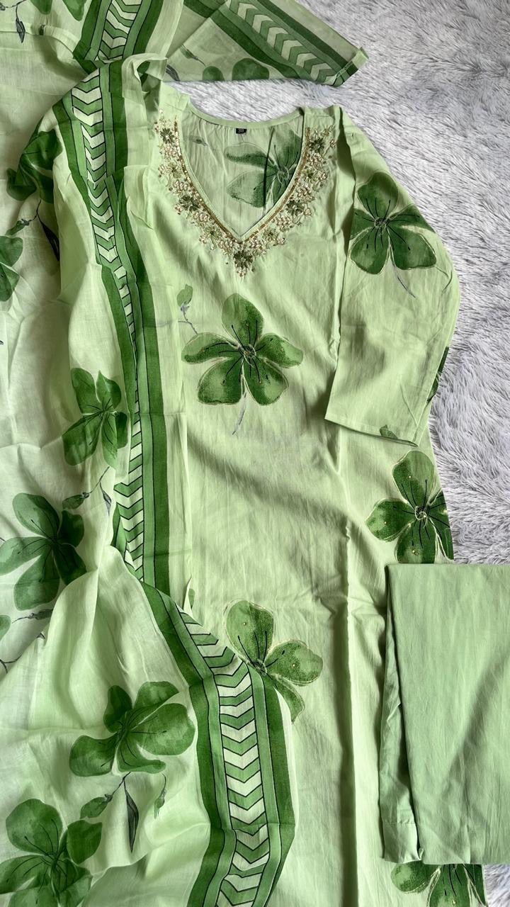 Green Floral Motif Pure Cotton Suit Set with Cotton Dupatta
