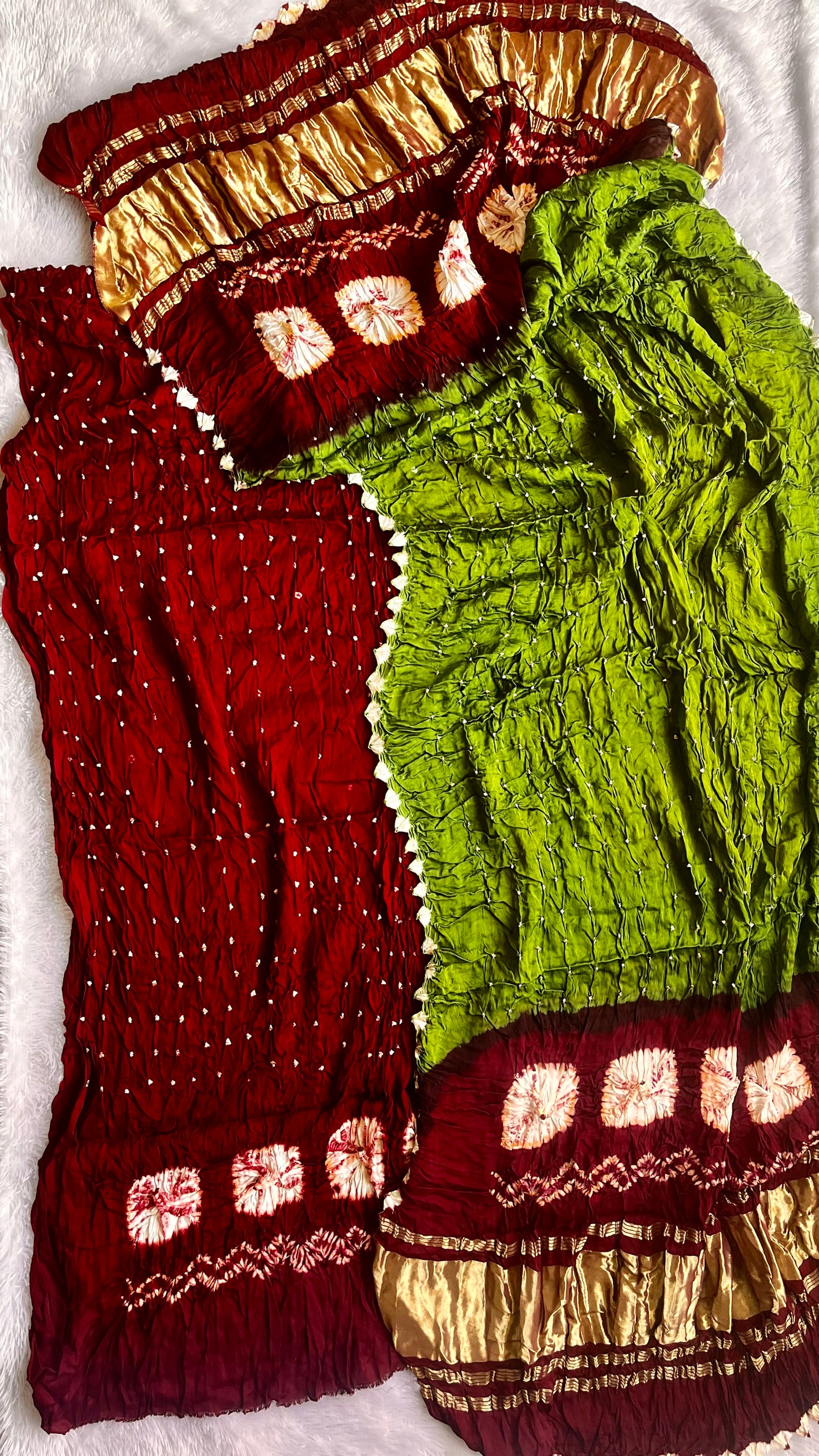 Maroon and Green Bandhej Natural Dyed Hand Block Print 2pc Suit Material Set with Lagdi Patti Dupatta