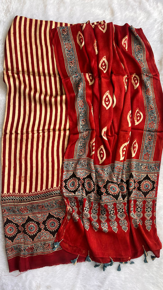 Laal Dhaaridar Buta Modal Silk Ajrakh Hand Block 2 pc Suit Set