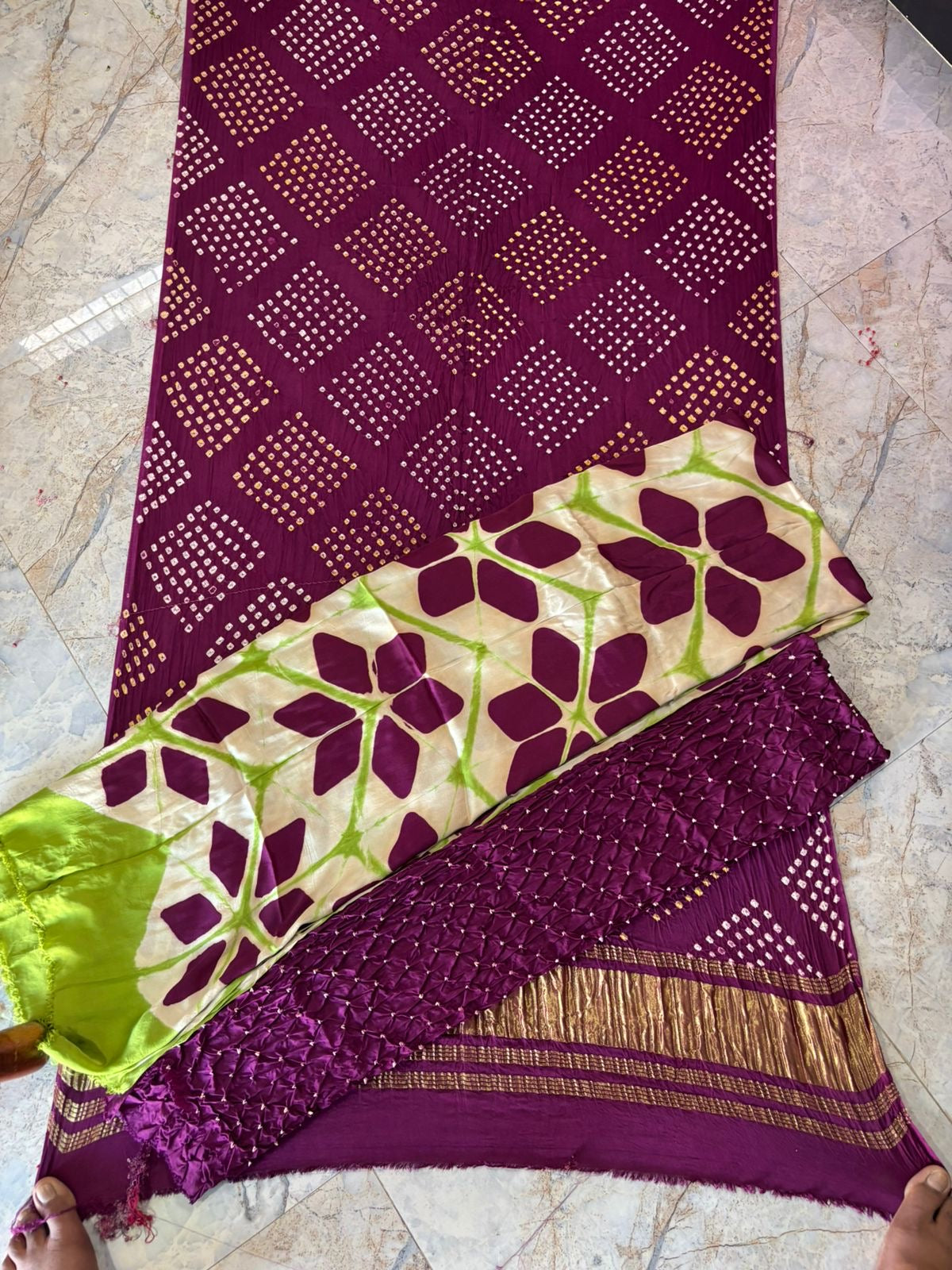 Plum Mehroon and Offwhite Modal Silk 3 pc with Bandhej Dupatta/ Lower And Clamp Dye Kurta