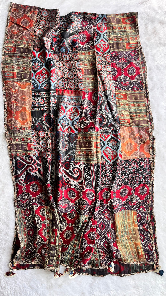 Deep Maroon Multicoloured Ajrakh Applique Patchwork Modal Silk Kantha Work Dupatta with Tassels and Mirror-work