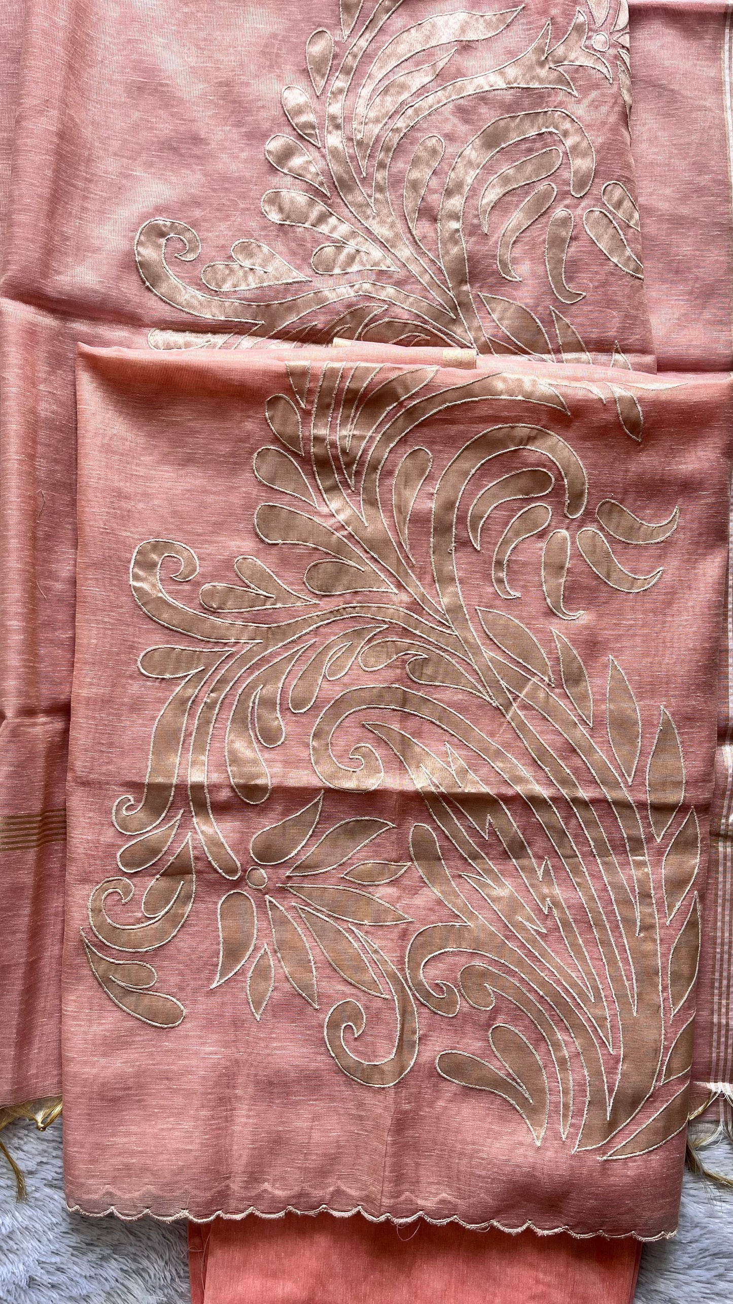 Peachish Pink Shade Banarasi Tissue Linen 3-Piece Suit with All over Applique Work on Daman and Dupatta