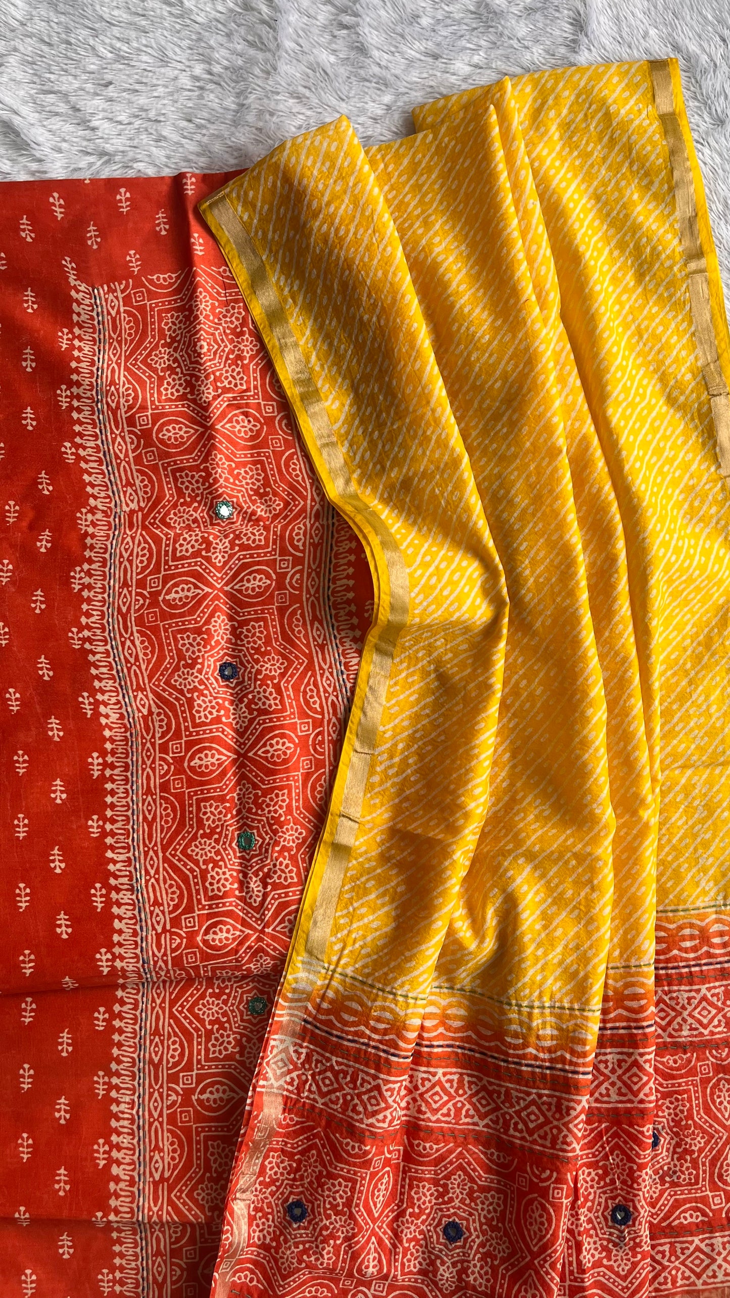 Orange and Yellow Chanderi Silk 2pc Suit Set with Mirror-work and Kantha Work Dupatta