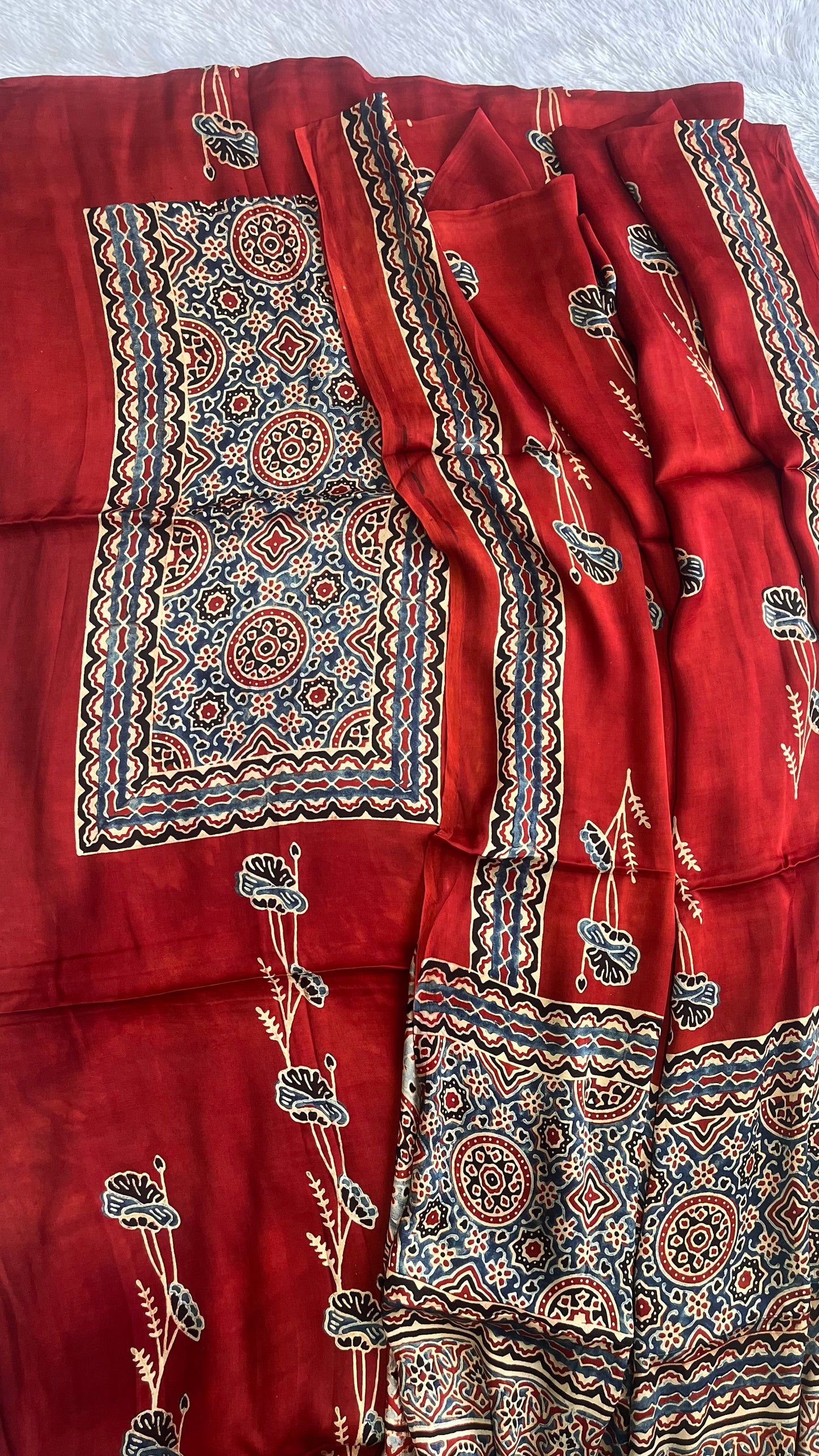 Red Kamal Motif Ajrakh Handblock Print Modal Silk 2 pc Suit Material Set with Modal Silk Dupatta