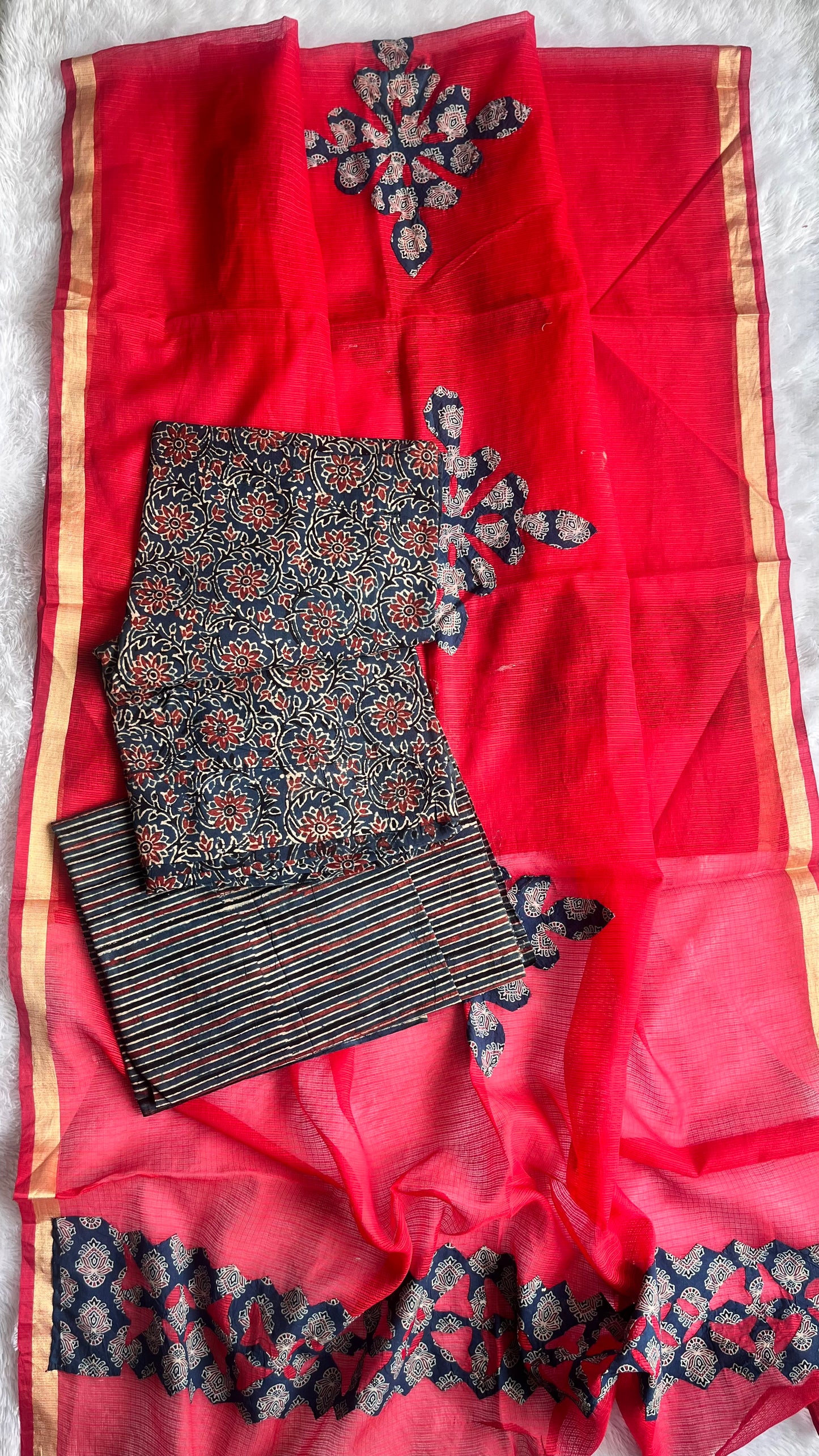 Blue and Red Pure Cotton Ajrakh Unstitched Suit Set with Ajrakh Applique Kota Dupatta