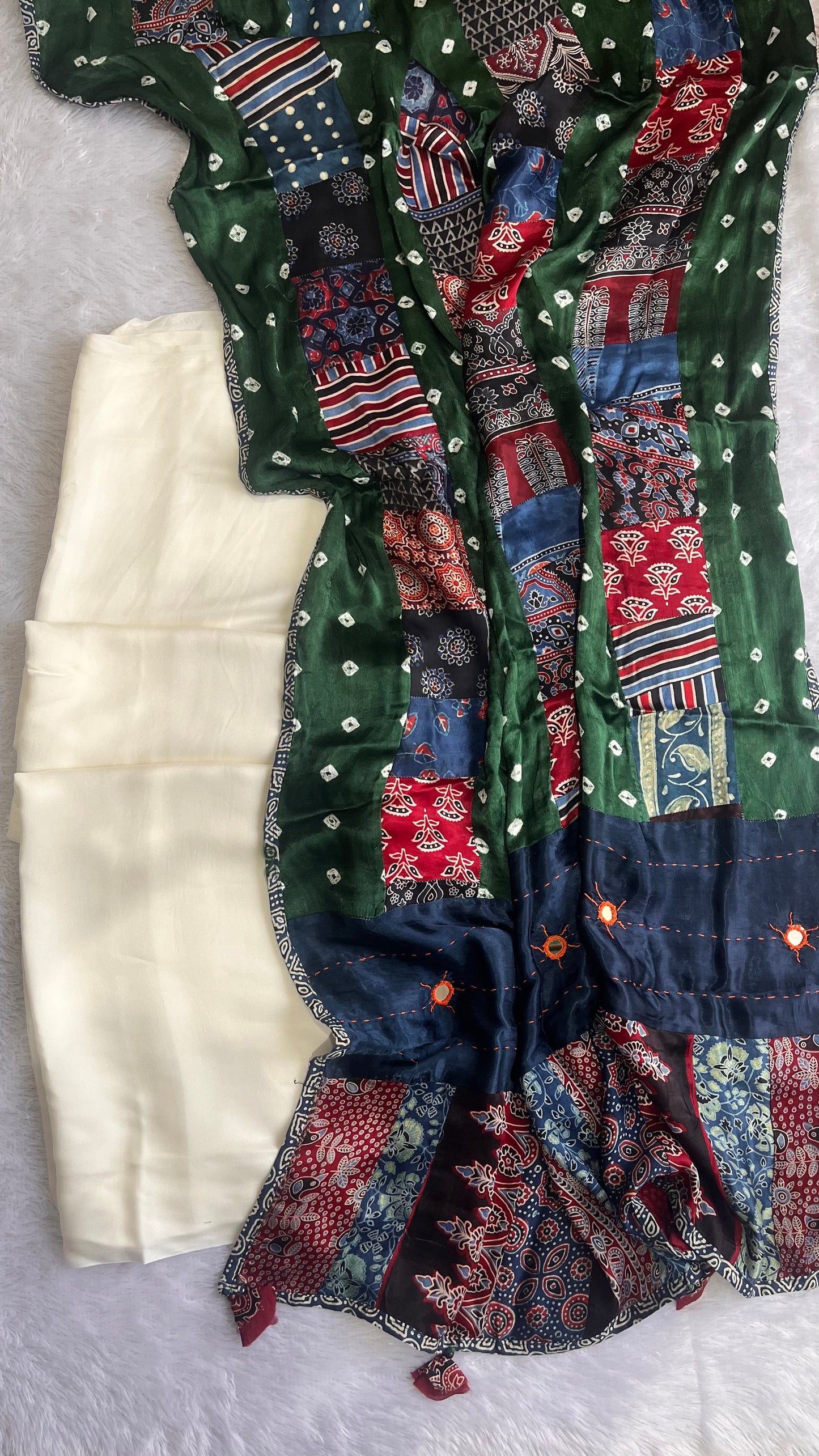 Off White Solid Shade Modal Silk Suit Material with Green Modal Silk Applique Work Dupatta