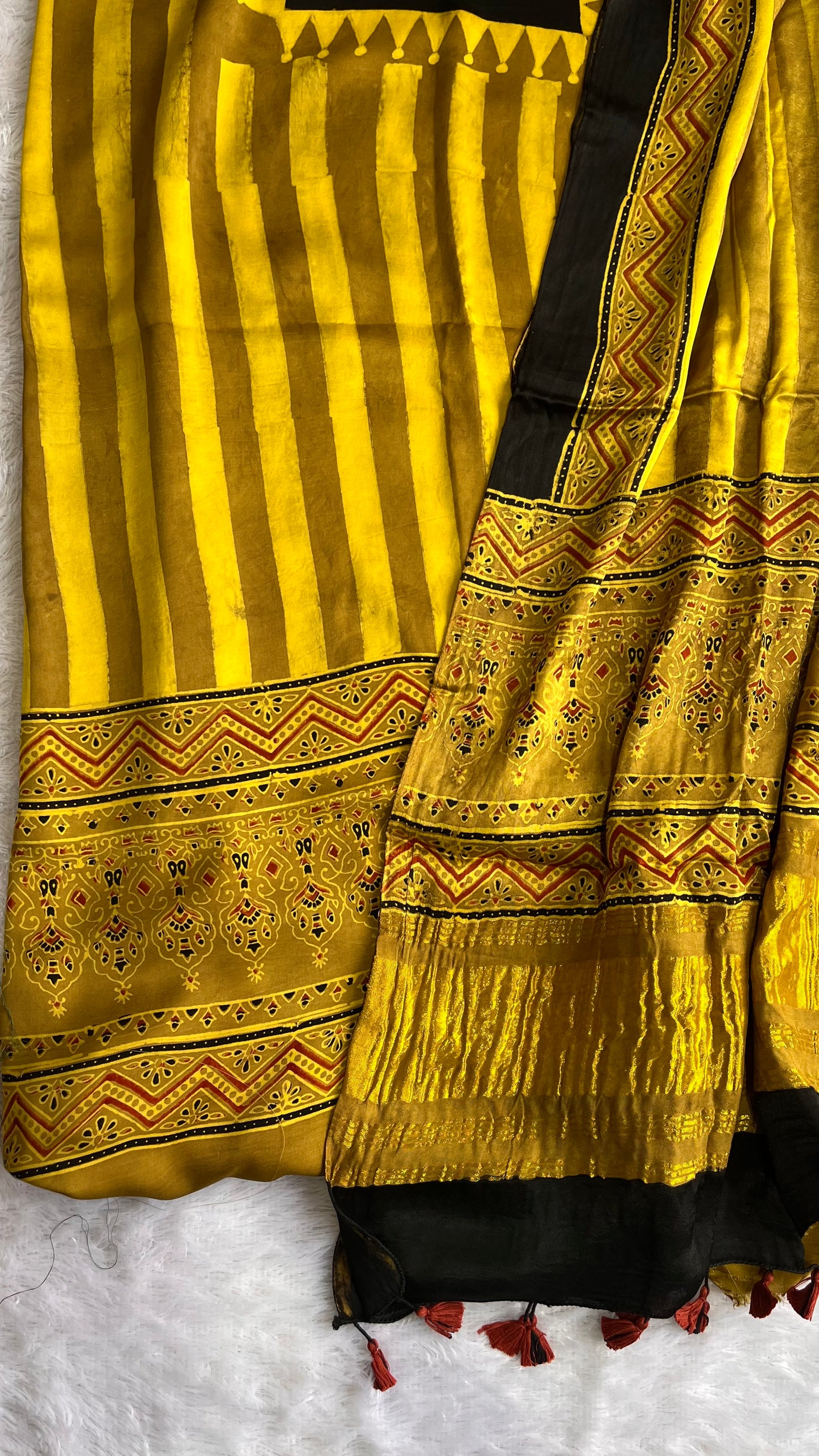 Mustard and Black Stripes Motif Modal Silk Suit Set with Ajrakh Modal Silk Lagdi Patti Dupatta