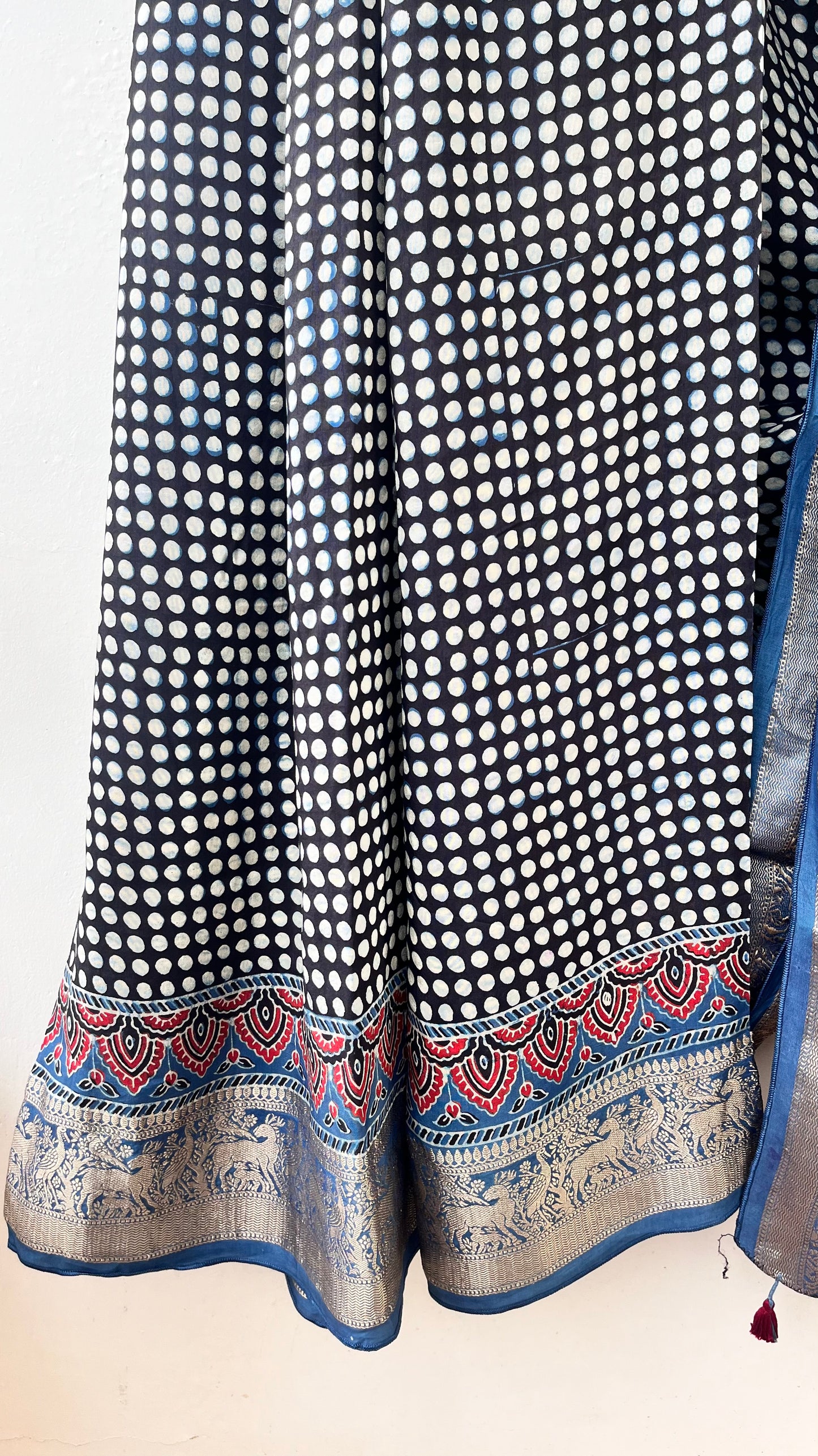 Black and Indigo Dotted Buta Motif Ajrakh Hand Block Dola Silk Saree with Zari Pallu (With Blouse)