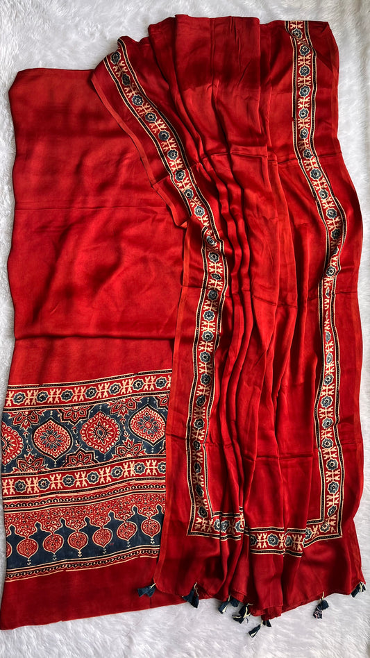 Deep Red Solid Shade Classic Motif Modal Silk Ajrakh Hand Block Print 2pc Suit Set