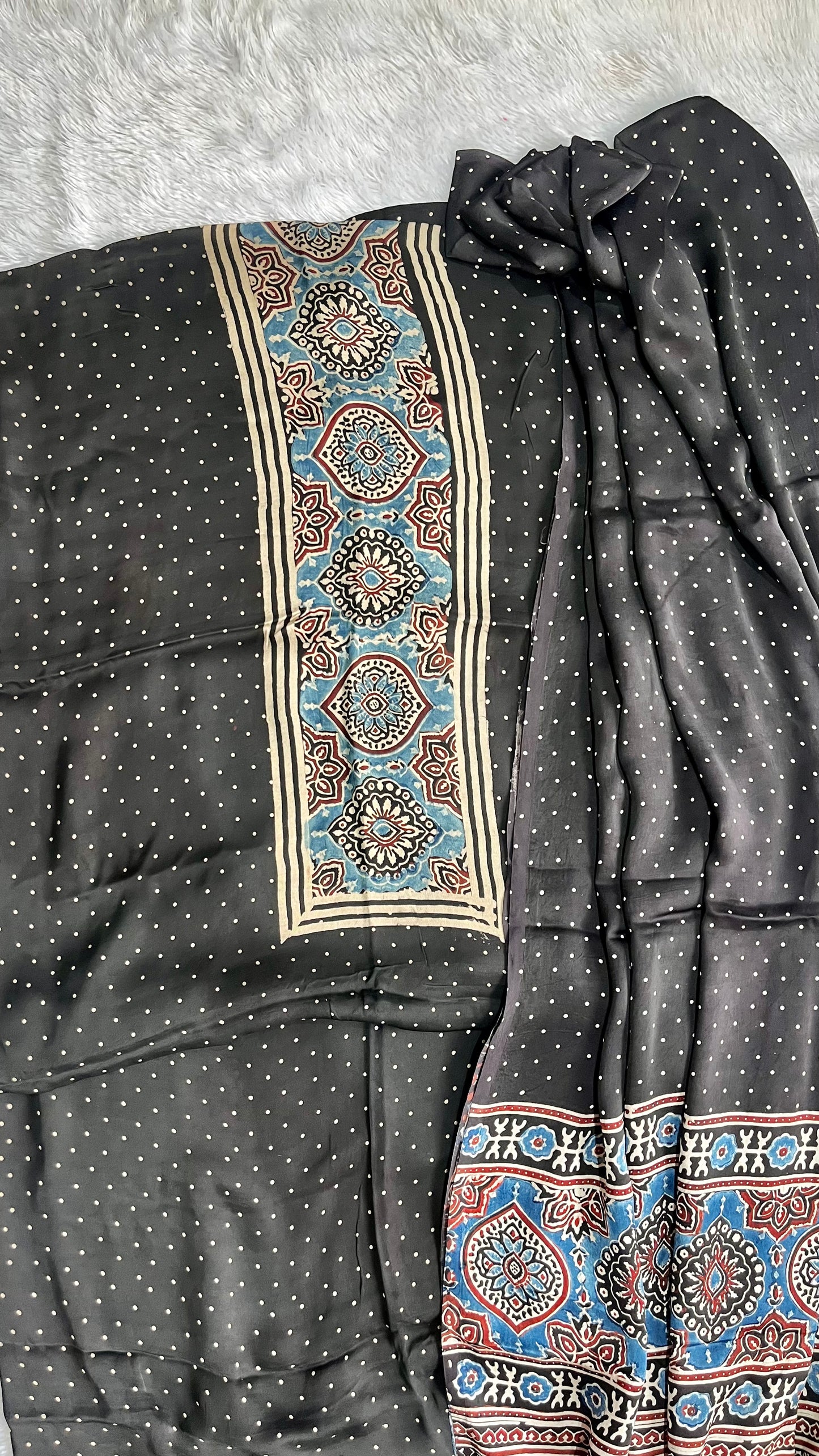 Black Polka Dotted Motif Modal Silk Ajrakh Natural Dyed Hand Block Print 2pc Suit Material Set