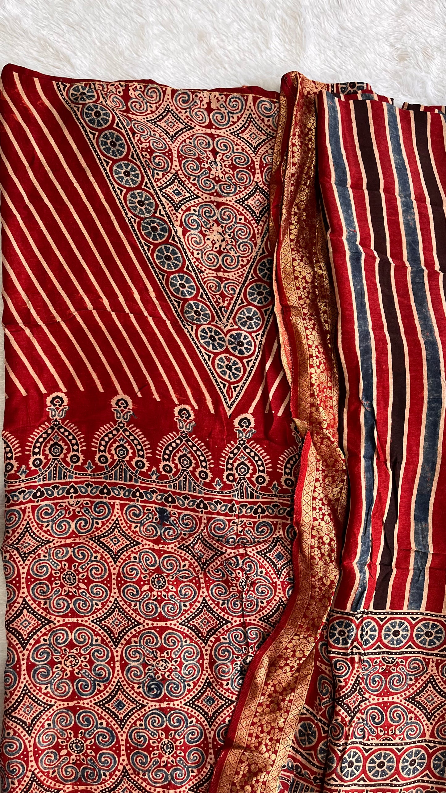 Deep Red Stipe Buti Print Ajrakh Dola Silk Hand Block Print 2 pc Suit Material Set with Nakkashi Border
