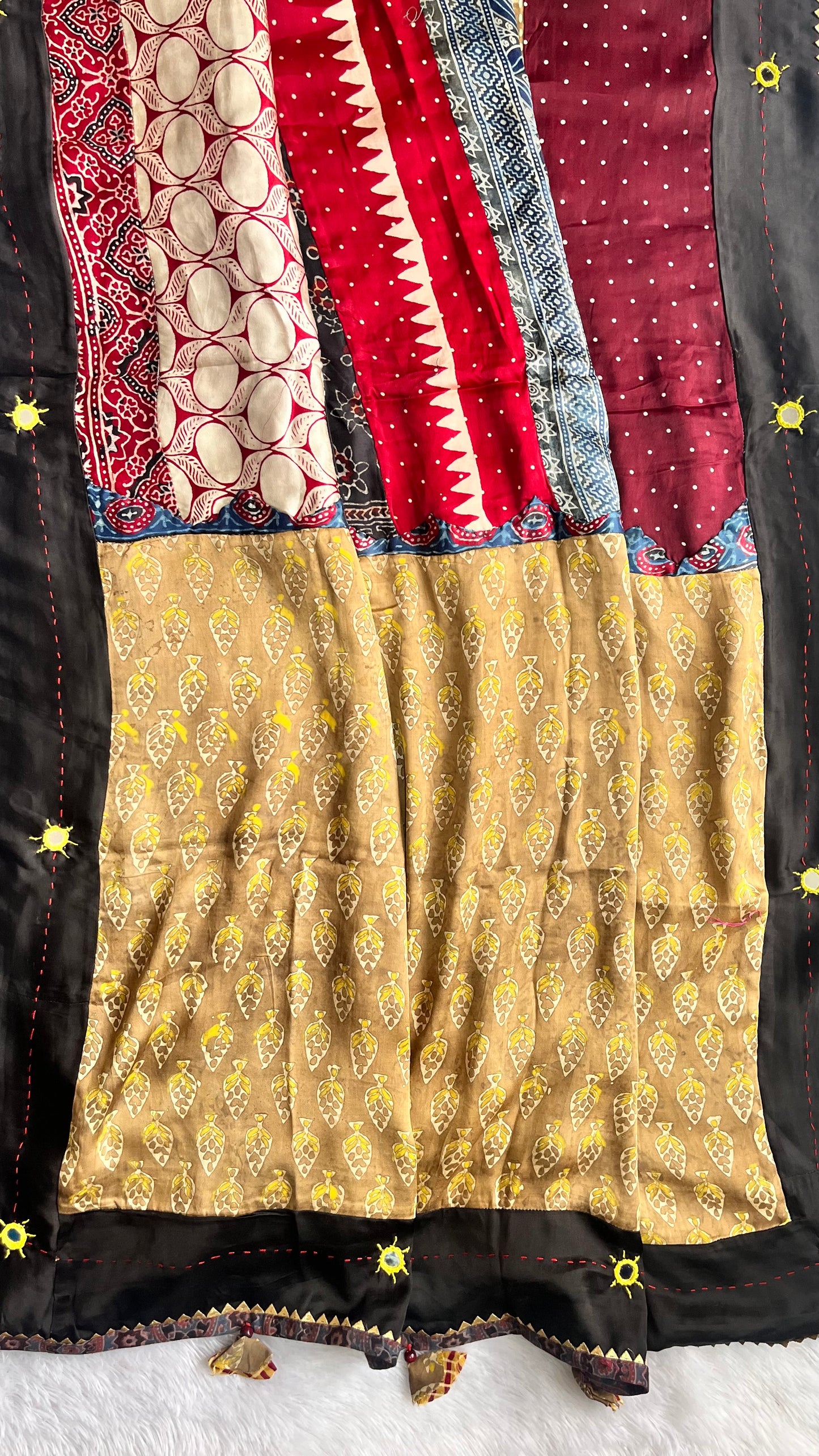 Multicolour Ajrakh Applique Work Modal Silk Dupatta with Mirror work and Tassels