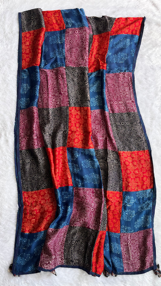 Multicolour Ajrakh Applique Patchwork Modal Silk Kantha Work Dupatta with Tassels and Mirror-work