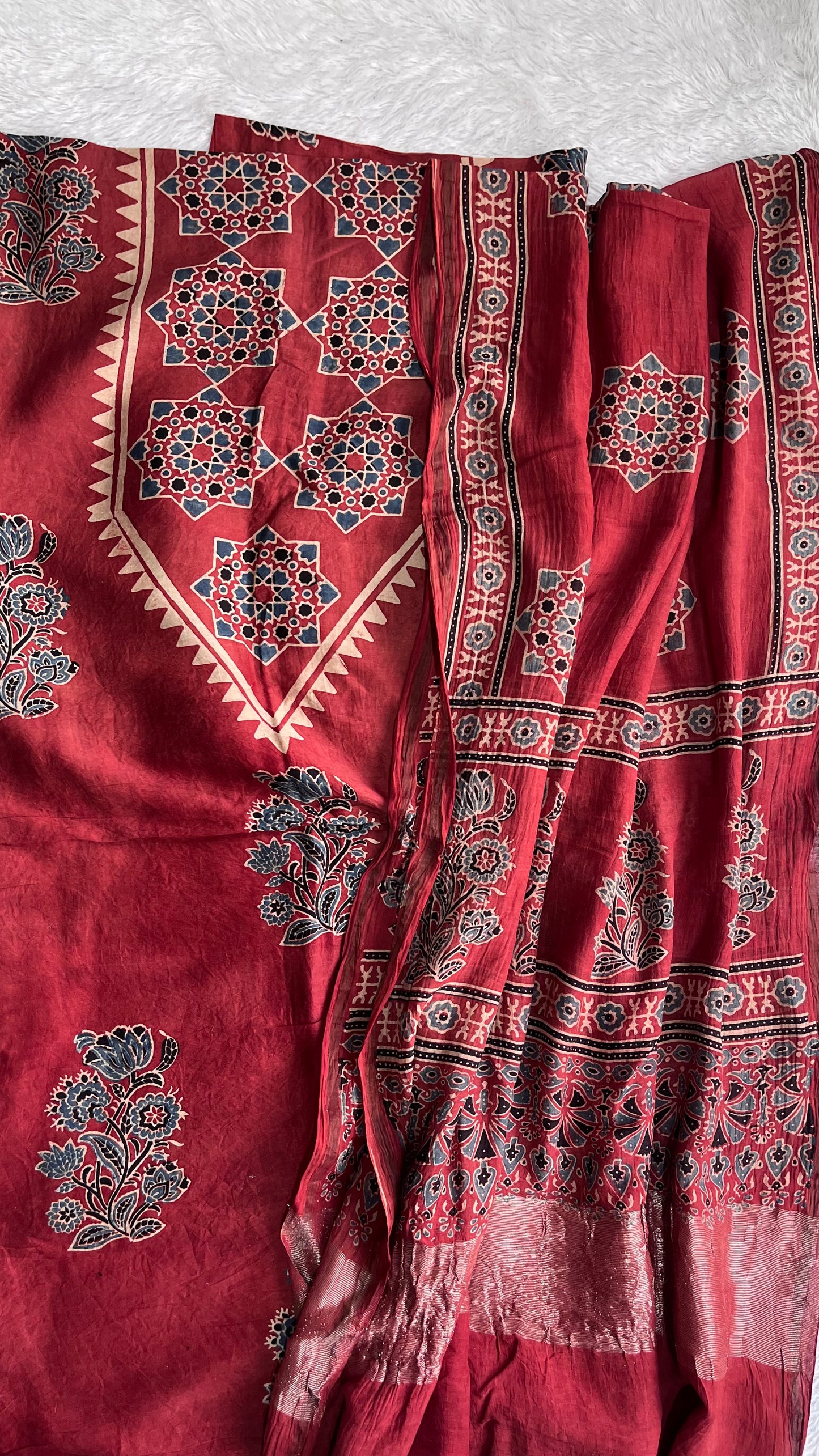 Maddar Red Royal Buta Motif Chanderi Silk Suit set with Ajrakh Hand Block Printing