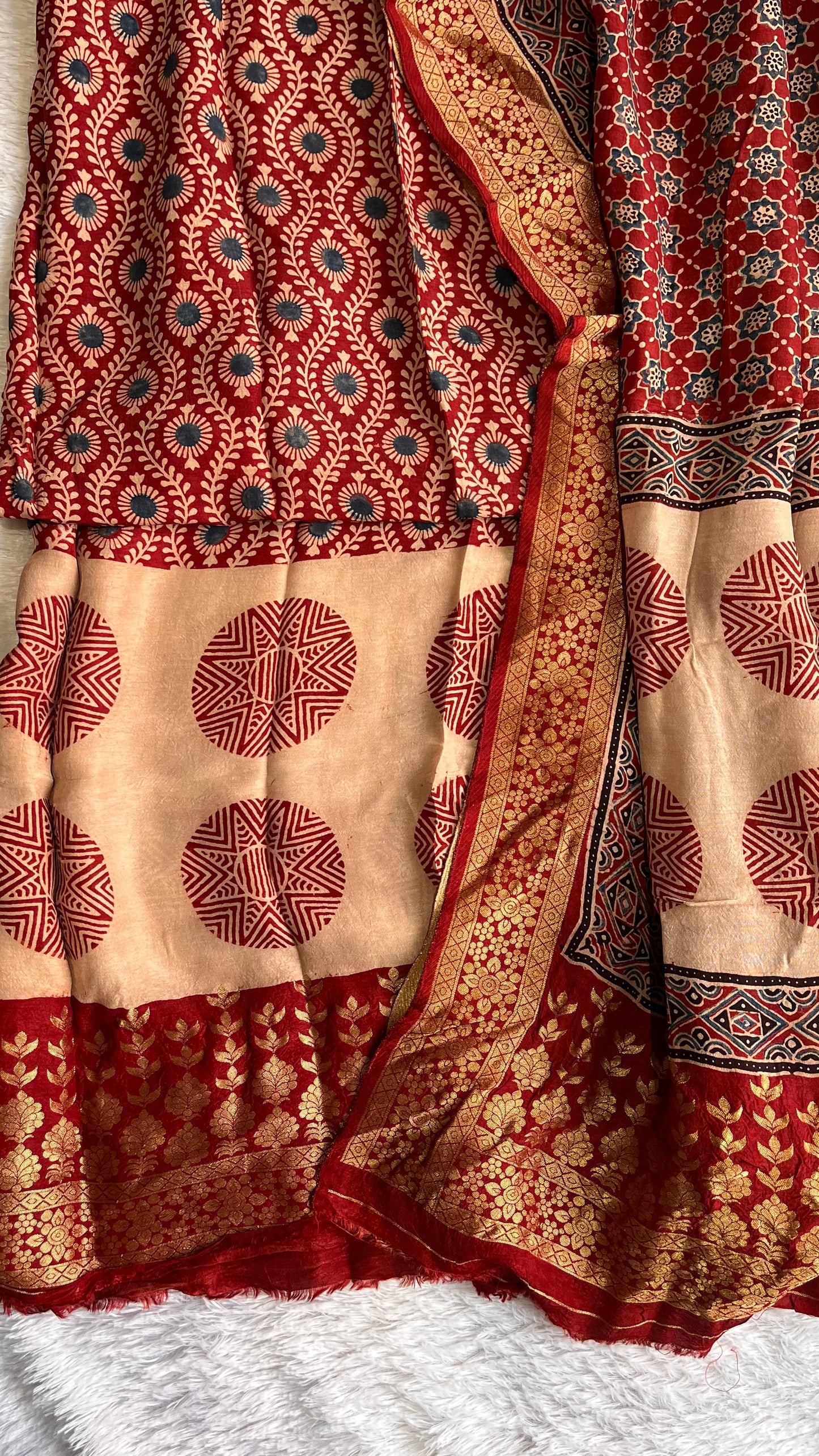 Deep Red Small Buti Print Ajrakh Dola Silk Hand Block Print 2 pc Suit Material Set with Nakkashi Border